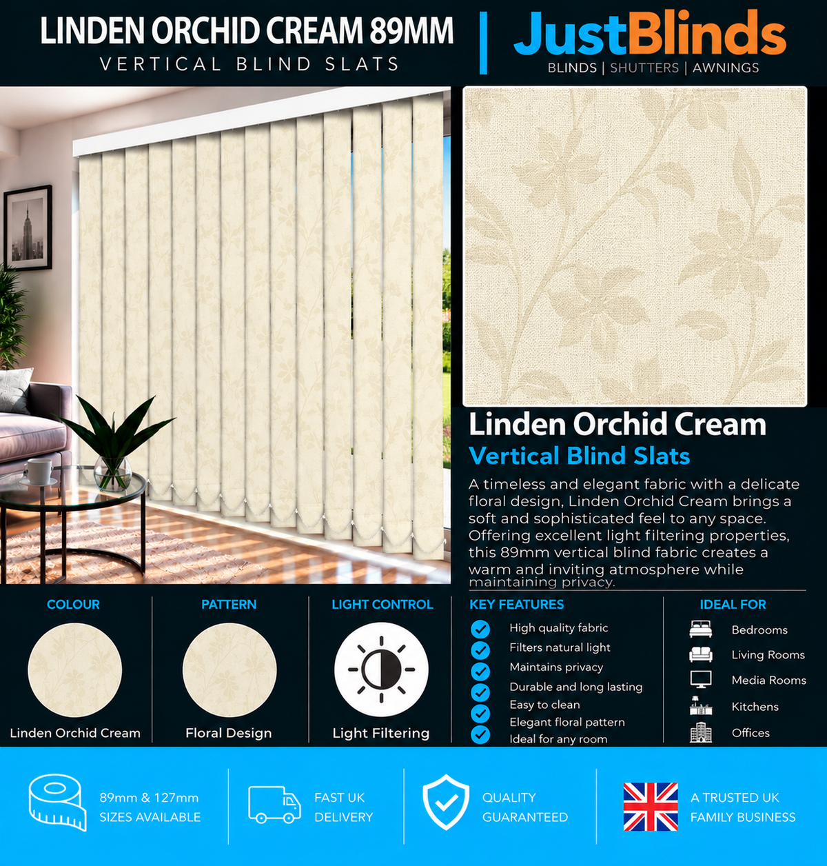 Linden Orchid Cream Vertical Blind Slats 89mm - Version 3