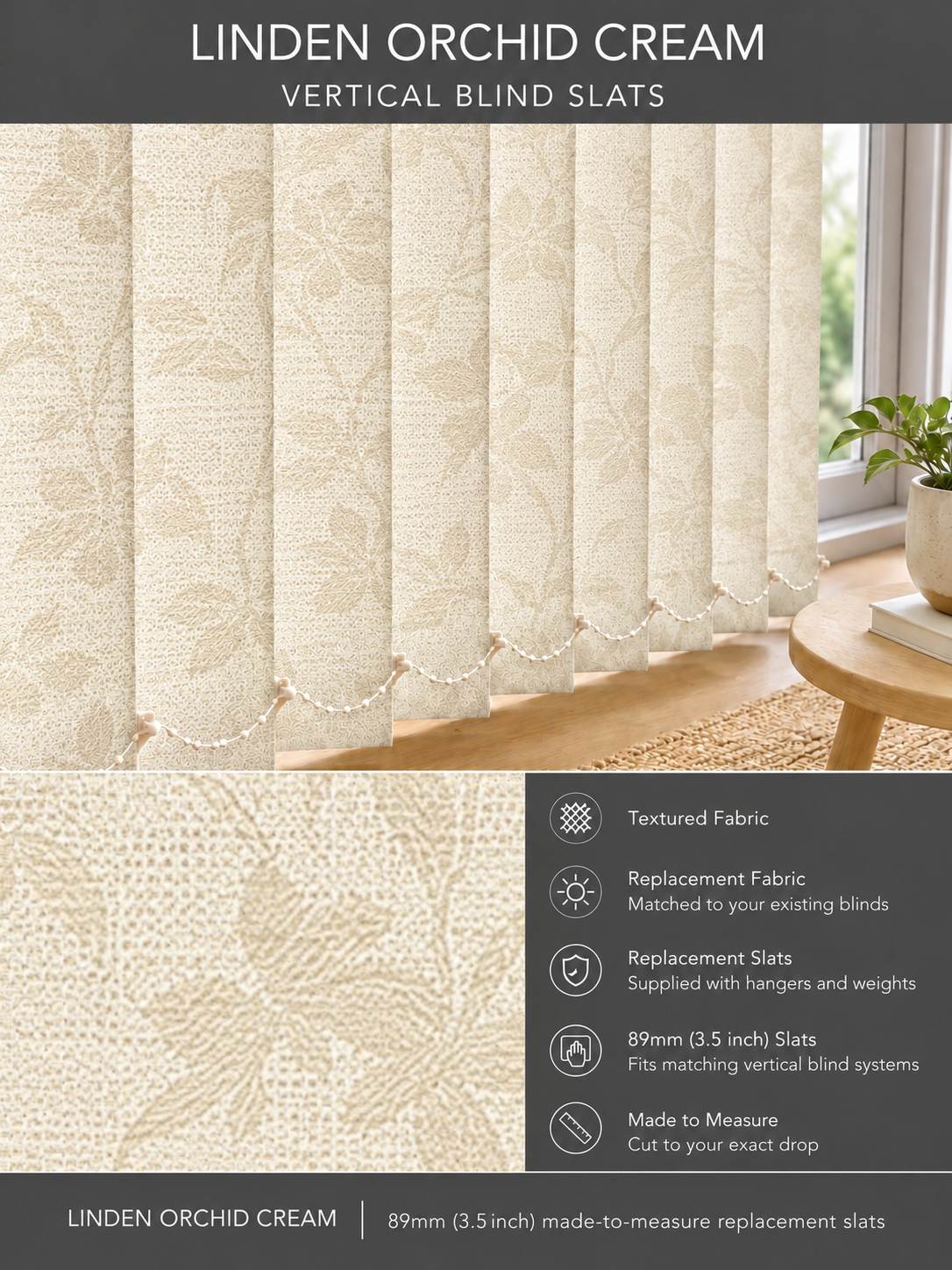 Linden Orchid Cream vertical blind slats (89mm)