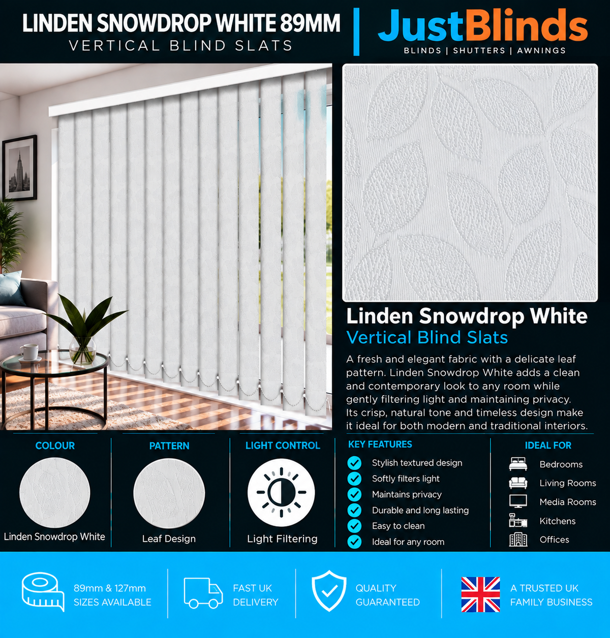 Linden Snowdrop White Vertical Blind Slats 89mm - Version 3
