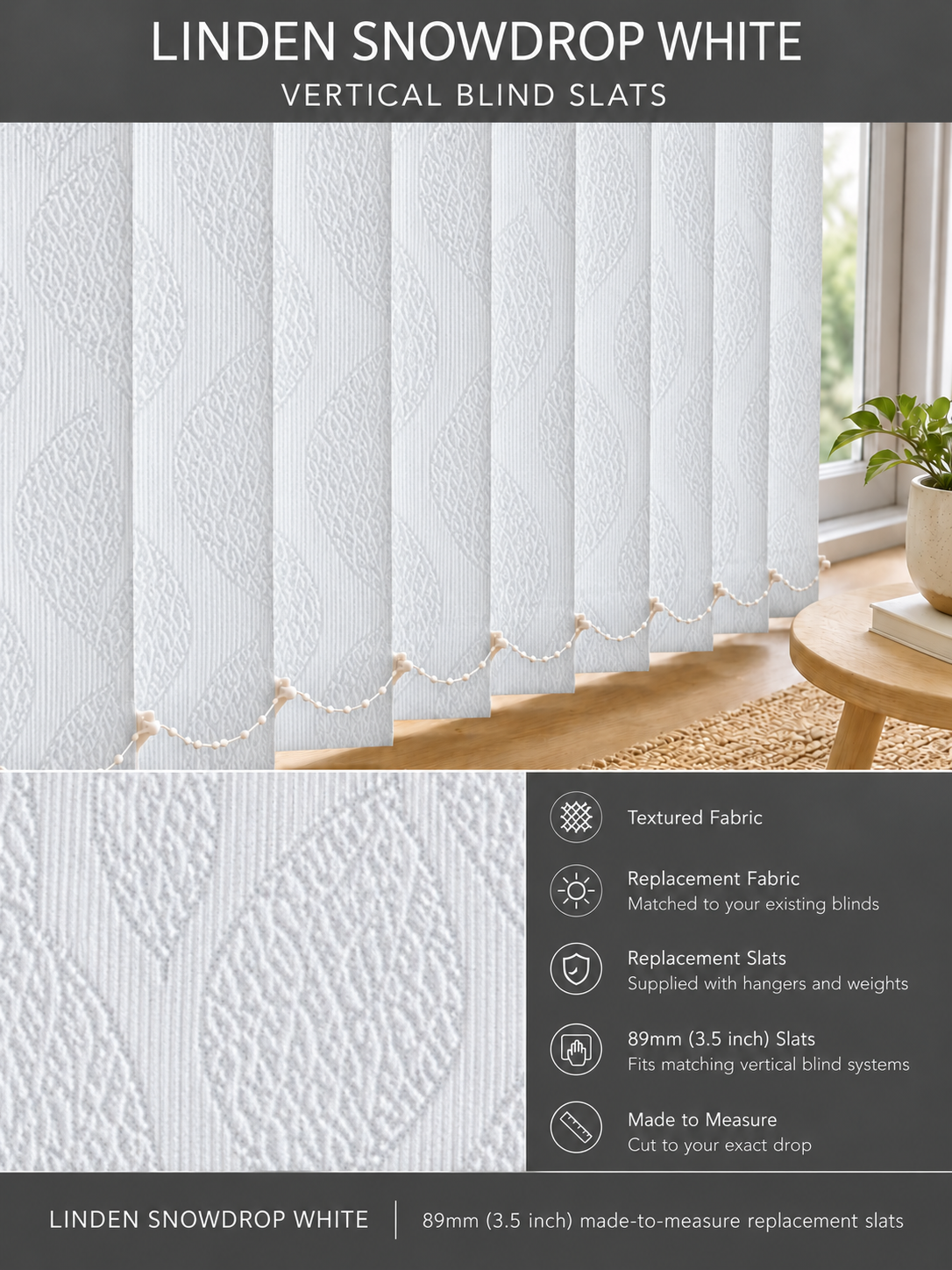 Linden Snowdrop White vertical blind slats (89mm)