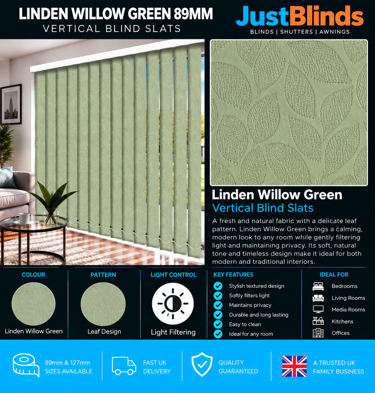 Linden Willow Green Vertical Blind Slats 89mm - Version 3