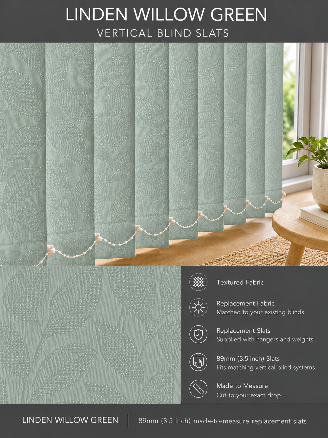 Linden Willow Green vertical blind slats (89mm)