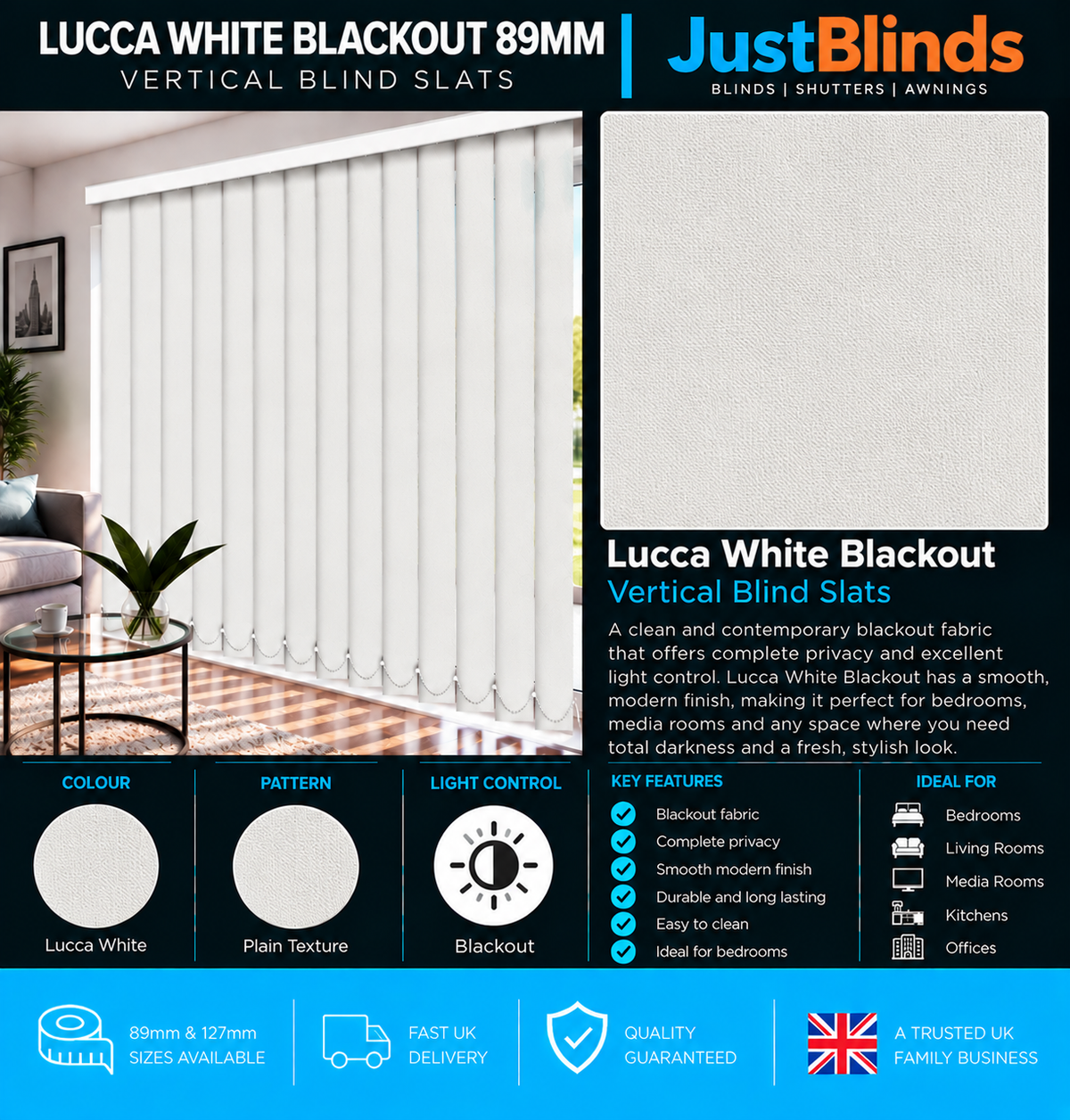 Lucca White Blackout Vertical Blind Slats 89mm - Version 4