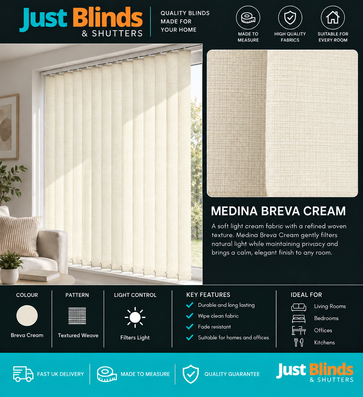 Medina Breva Cream Vertical Blind Slats 89mm