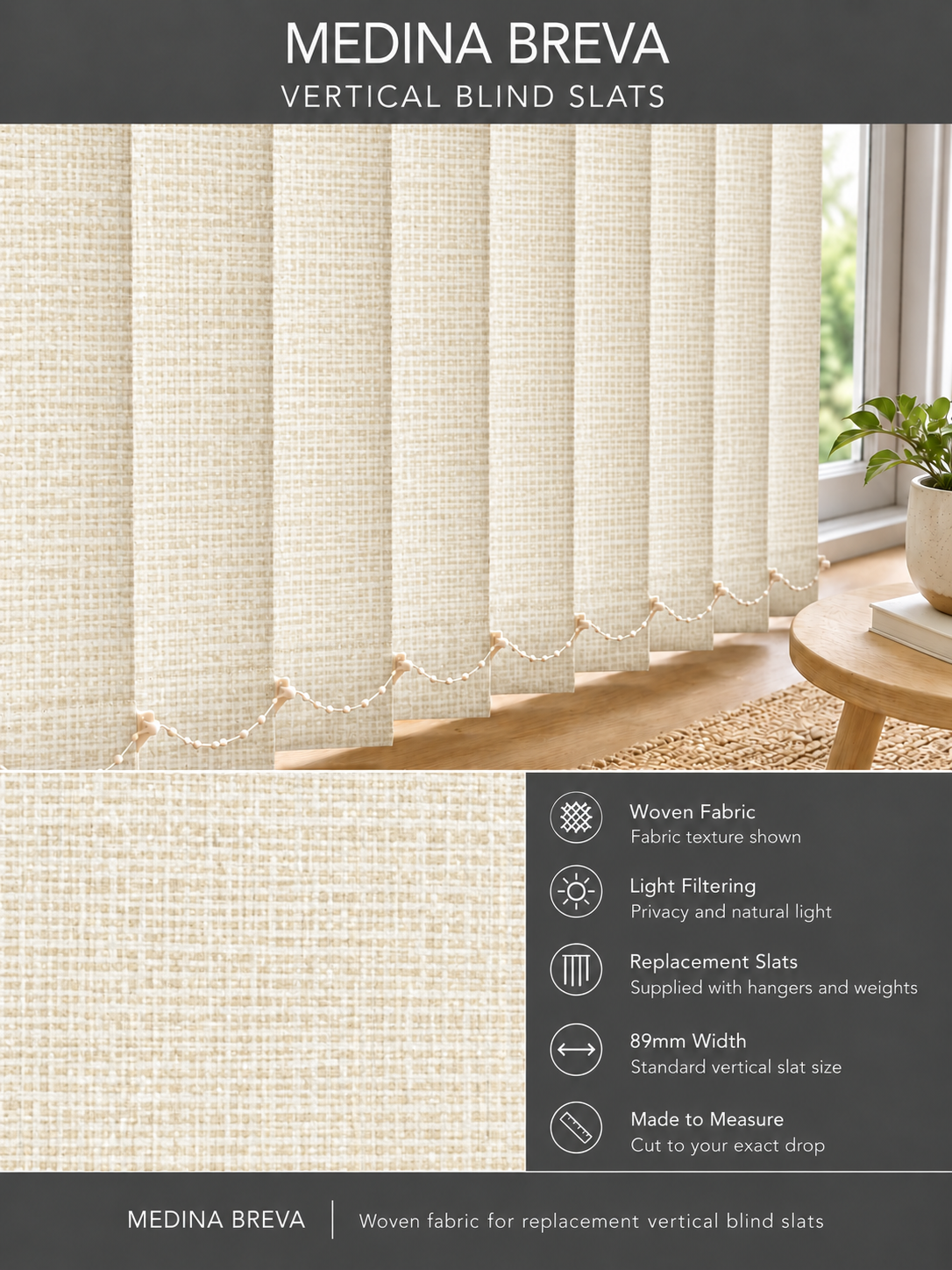 Medina Breva prestige Cream replacement louvres /slats for vertical blinds 3.5" (89mm) — Fitz template