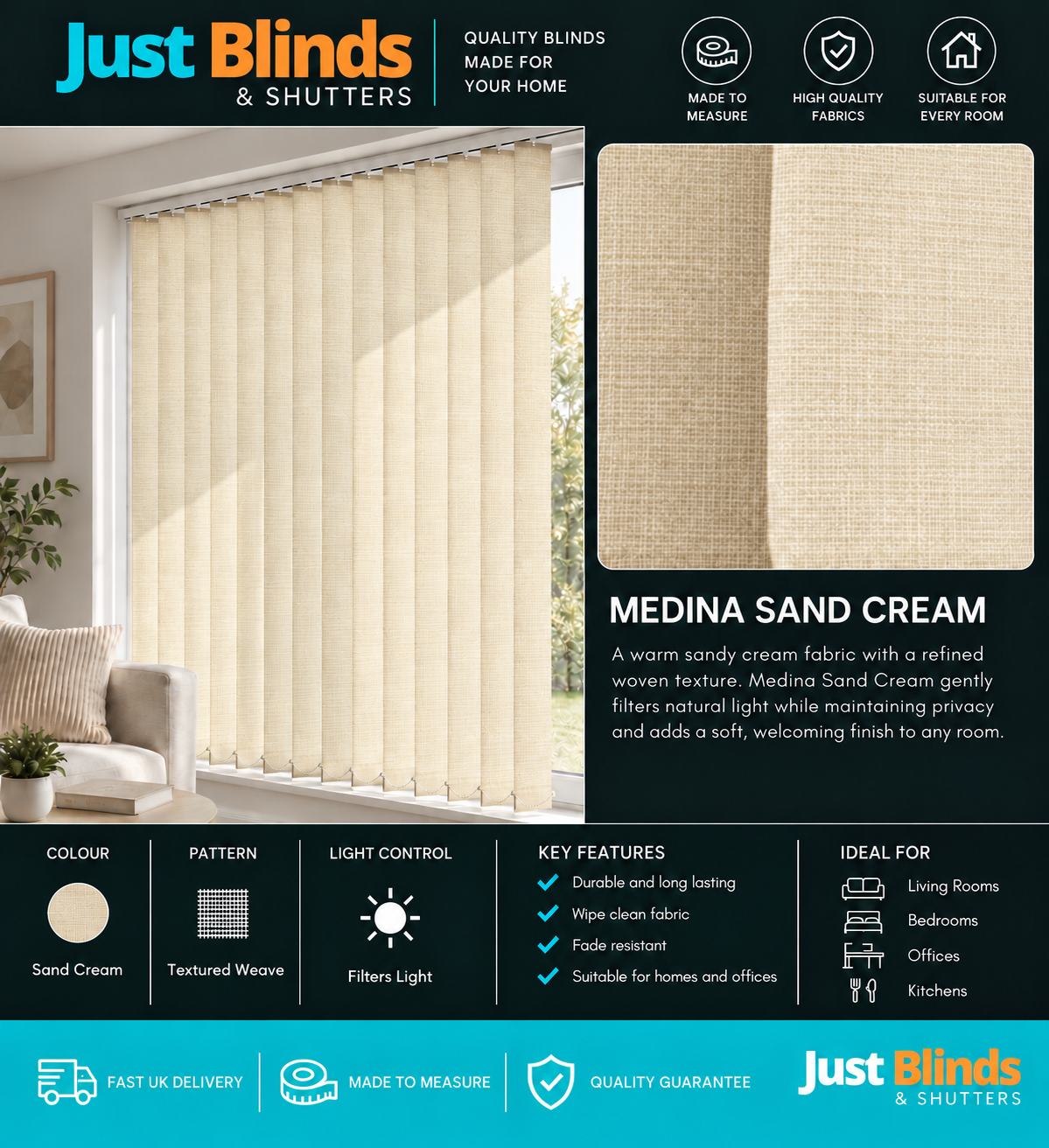 Medina Sand Cream Vertical Blind Slats 89mm