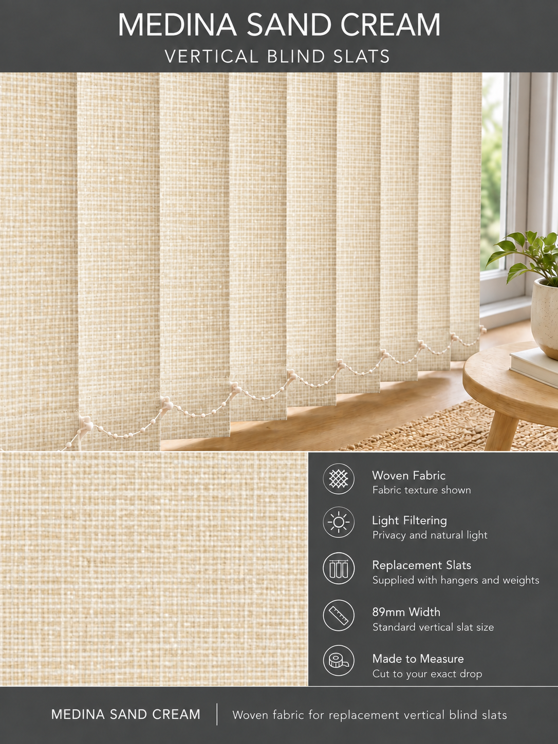 Medina Sand Cream prestige replacement louvres /slats for vertical blinds 3.5" (89mm) — Fitz template