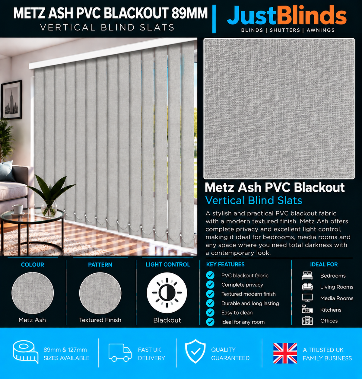 Metz Ash PVC Blackout Vertical Blind Slats 89mm - Version 4