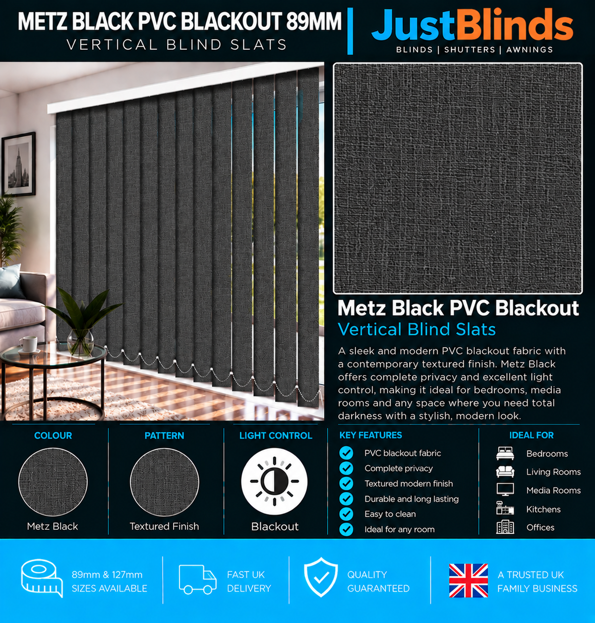 Metz Black PVC Blackout Vertical Blind Slats 89mm - Version 4