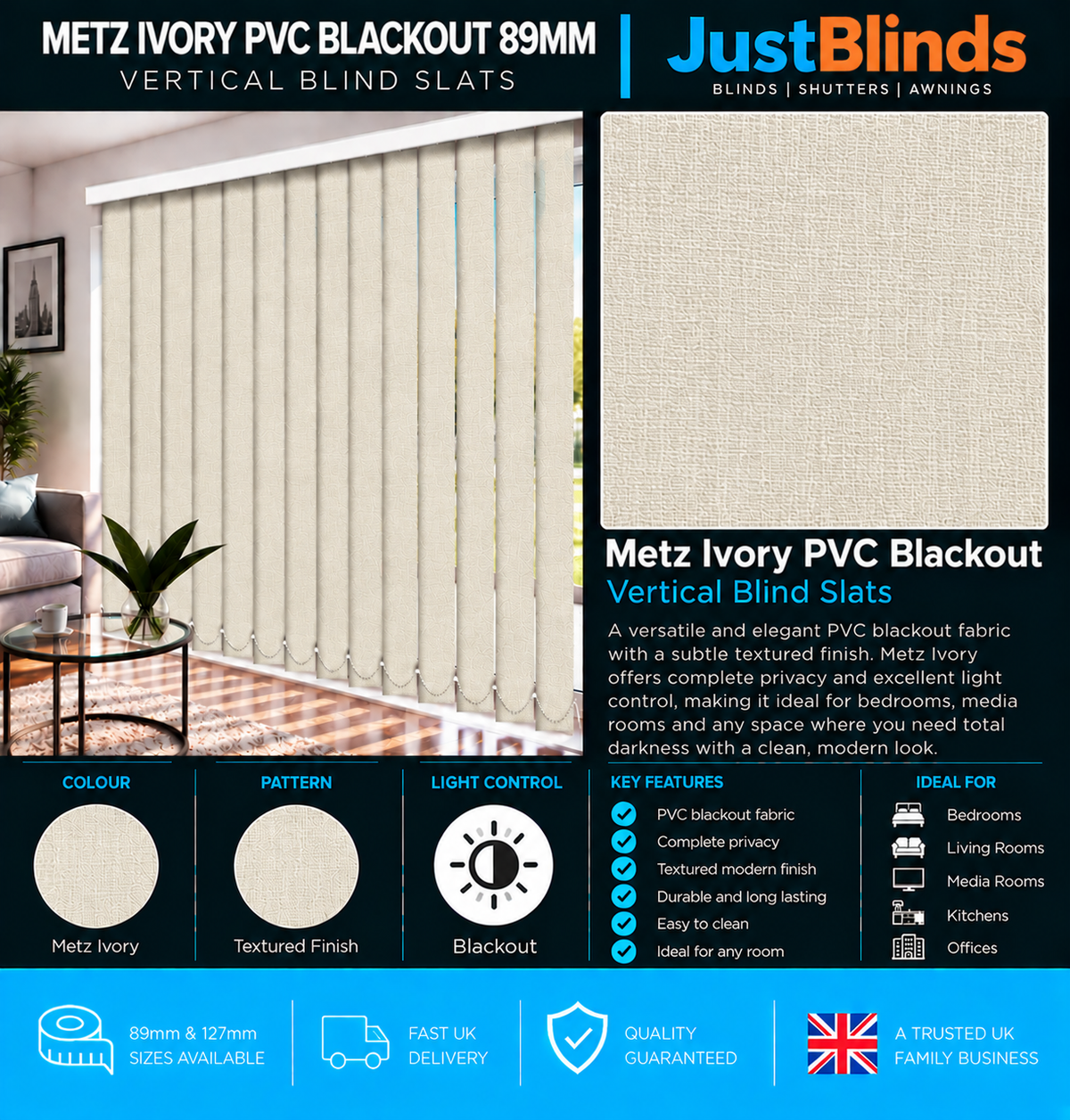 Metz Ivory PVC Blackout Vertical Blind Slats 89mm - Version 4