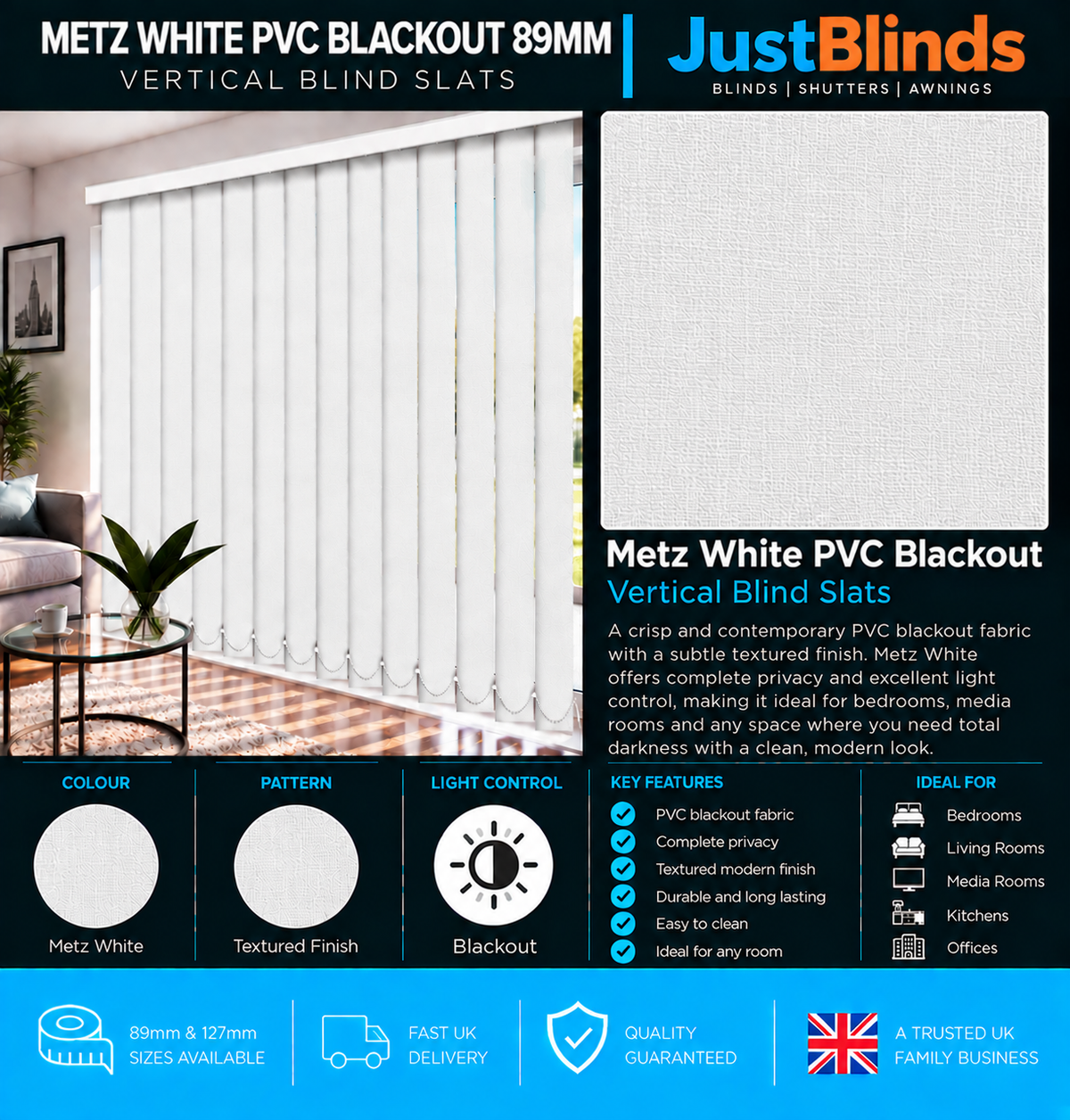 Metz White PVC Blackout Vertical Blind Slats 89mm - Version 4