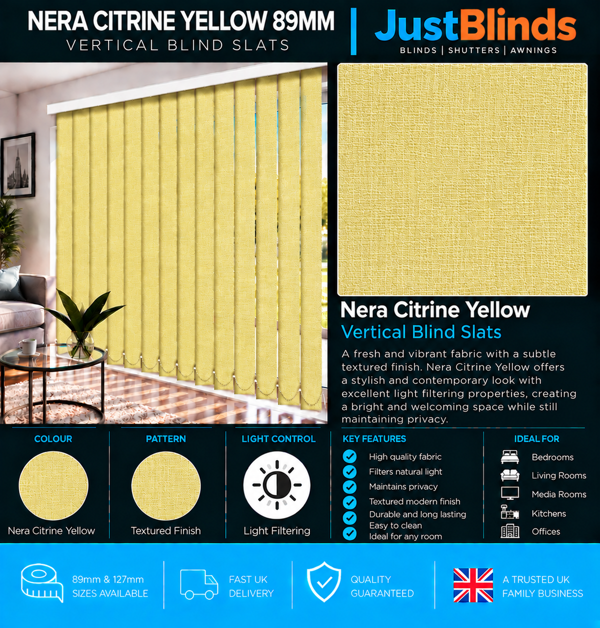 Nera Citrine Yellow Vertical Blind Slats 89mm - Version 3