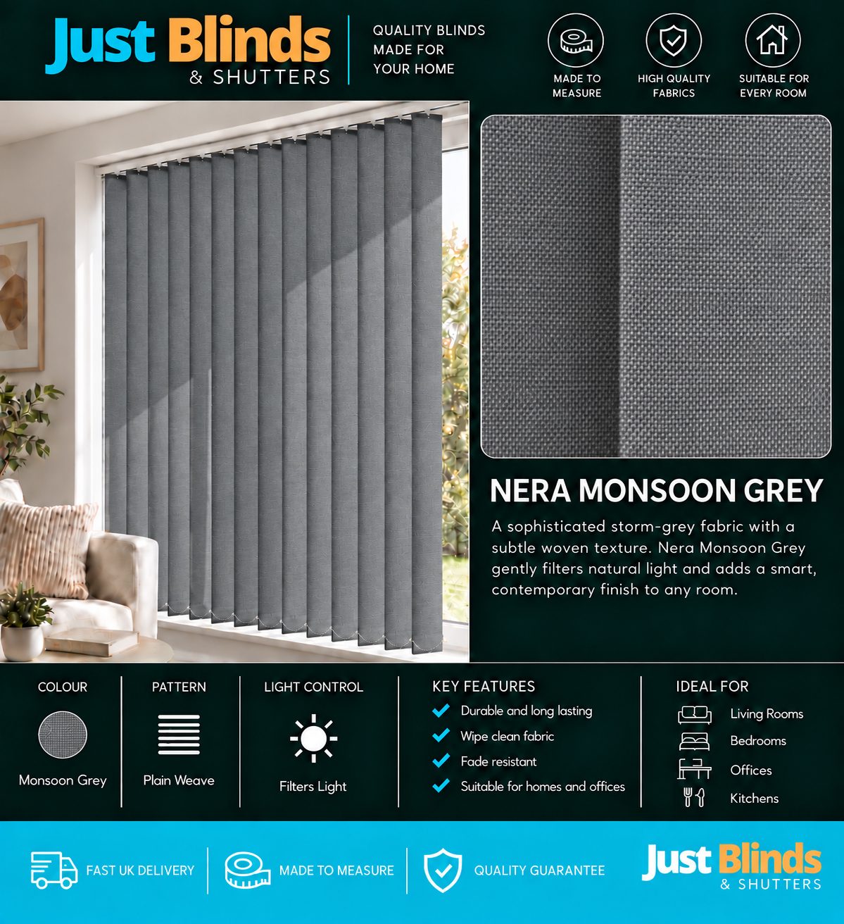 Nera Monsoon Grey Vertical Blind Slats 89mm