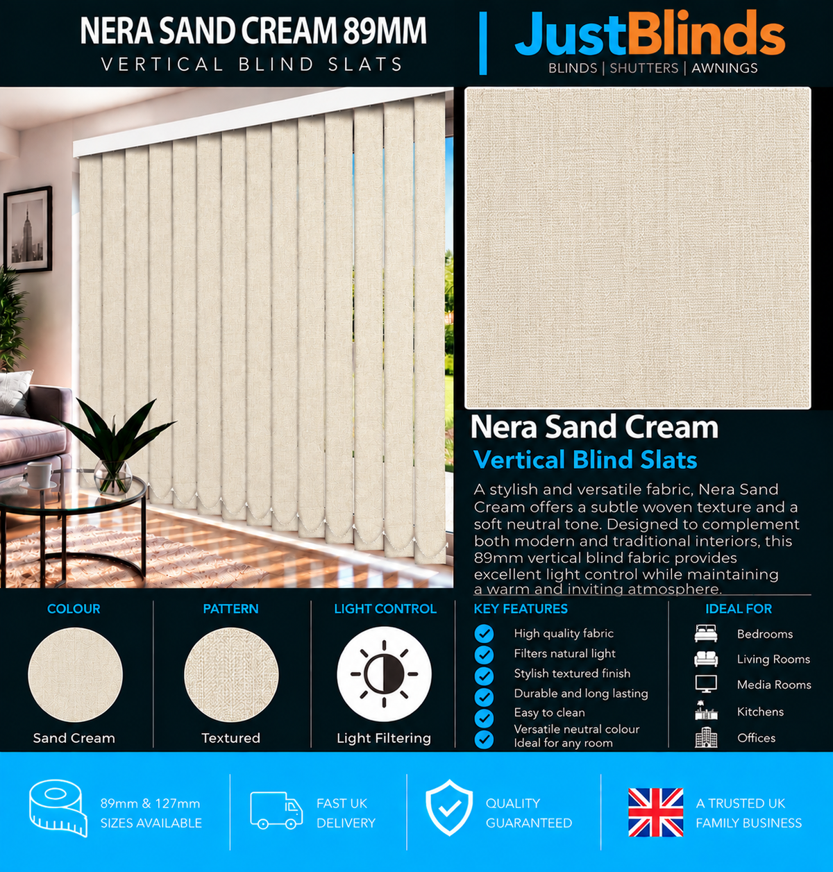 Nera Sand Cream Vertical Blind Slats 89mm - Version 3