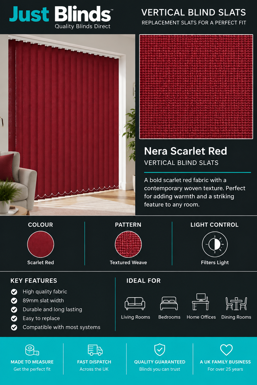 Nera Scarlet Red Vertical Blind Slats 89mm