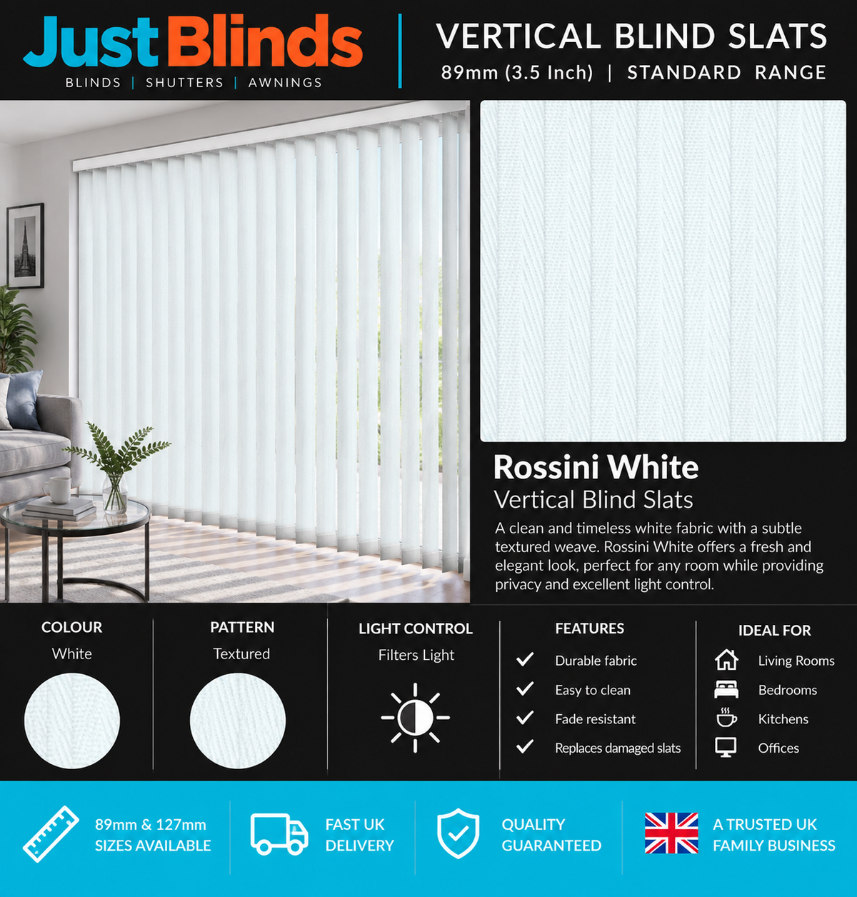 Rossini White Vertical Blind Slats 89mm - Senna style