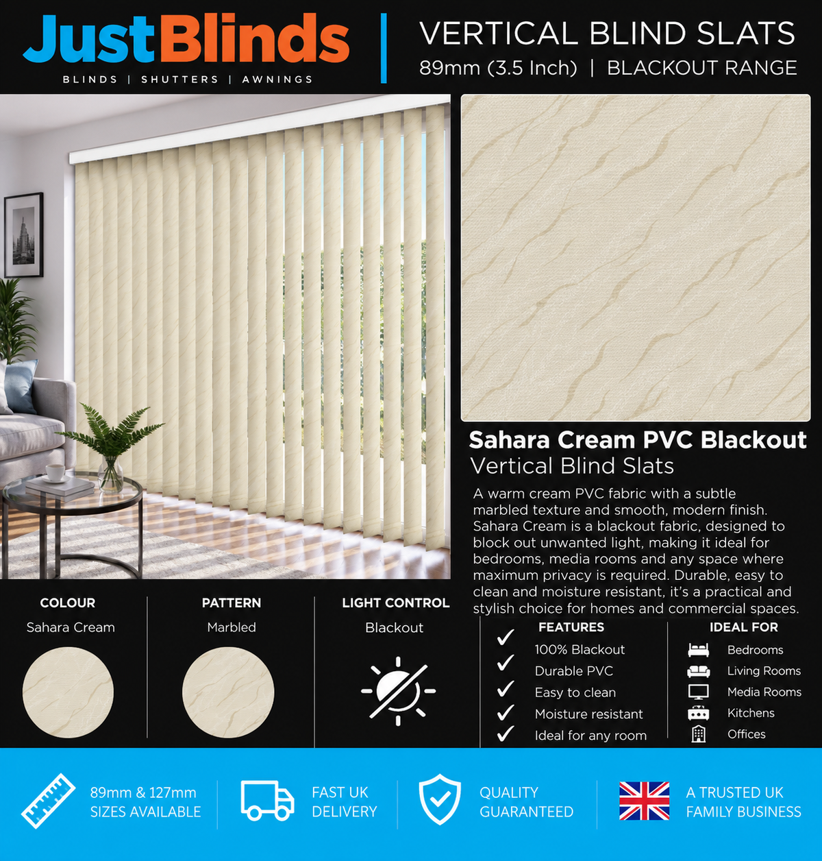 Sahara Cream PVC Blackout Vertical Blind Slats 89mm - Senna Version 2