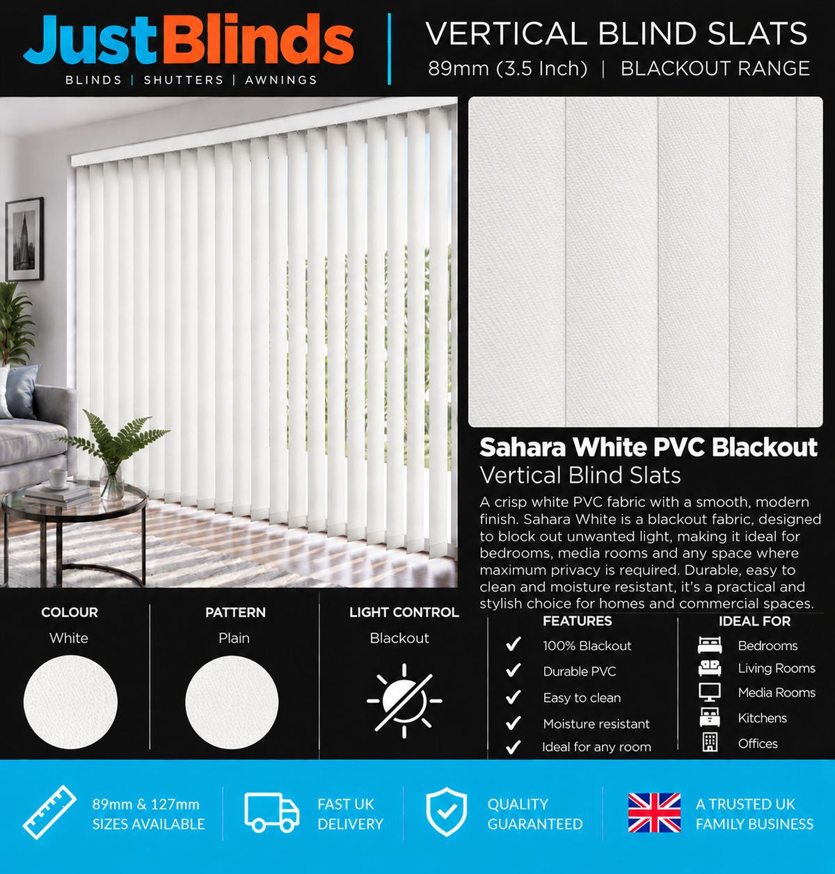 Sahara White PVC Blackout Vertical Blind Slats 89mm - Senna Version 2