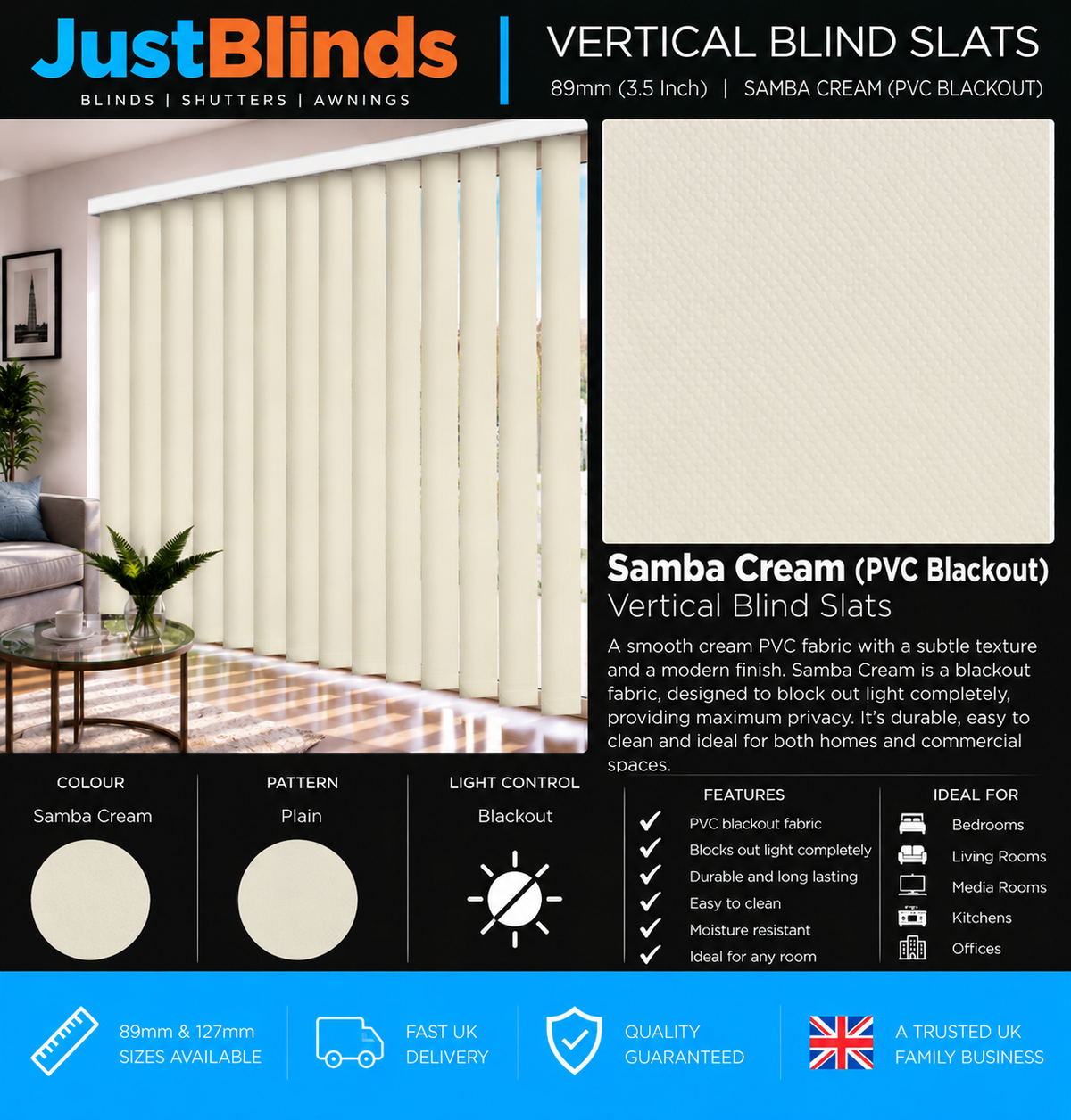 Samba Cream PVC Blackout Vertical Blind Slats 89mm - Senna Version 2