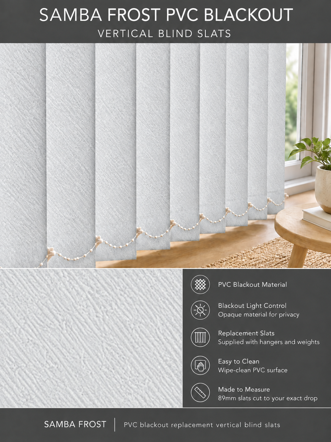 Samba Frost PVC Blackout Vertical Blind Slats — Fitz master template