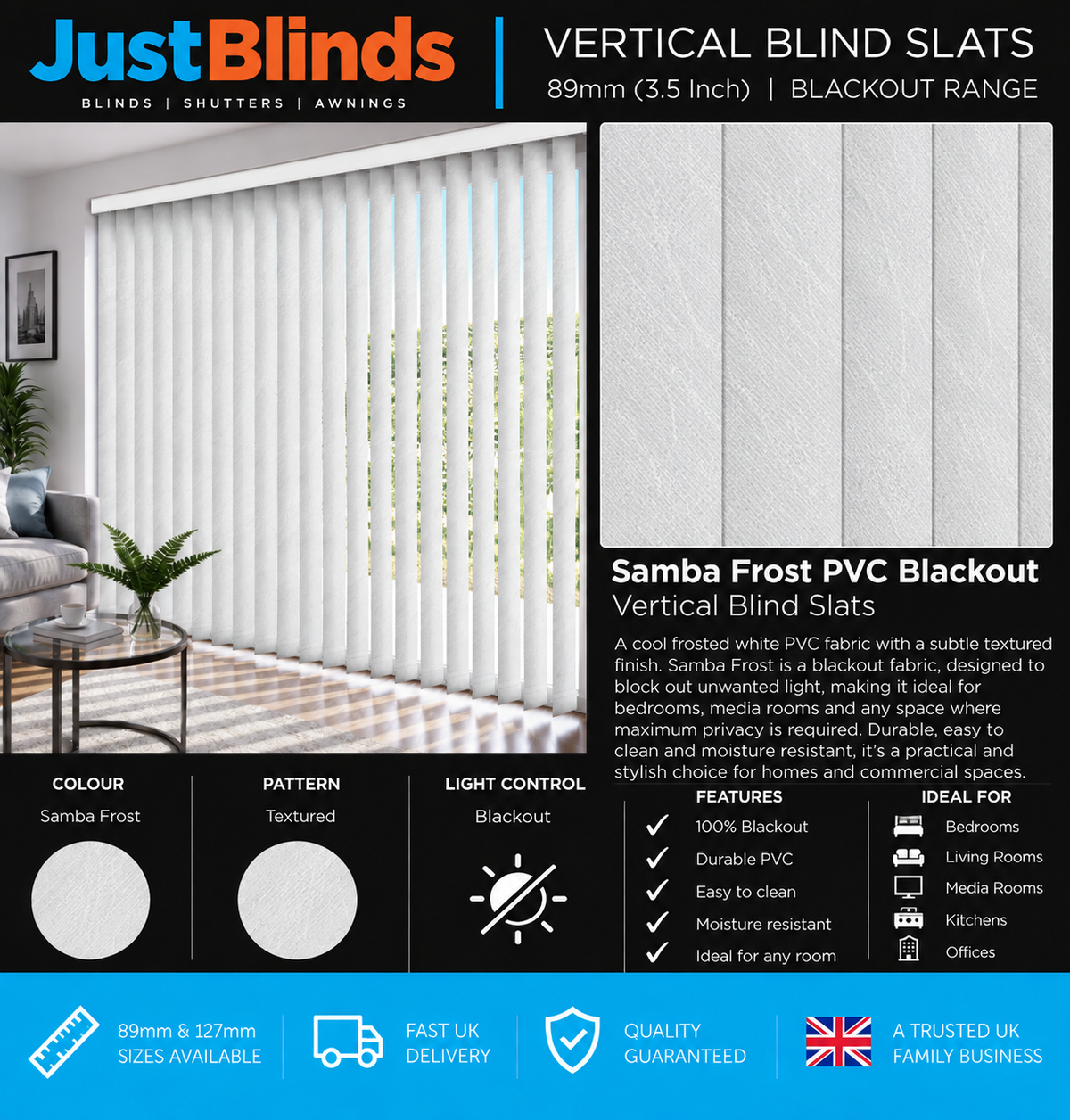 Samba Frost PVC Blackout Vertical Blind Slats 89mm - Senna Version 2