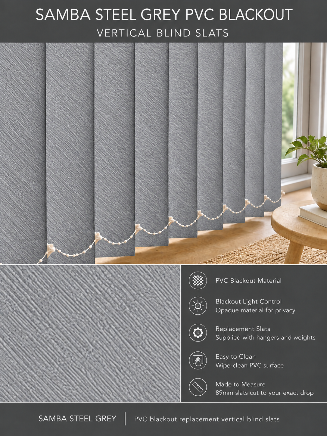 Samba Steel Grey PVC Blackout Vertical Blind Slats — Fitz master template