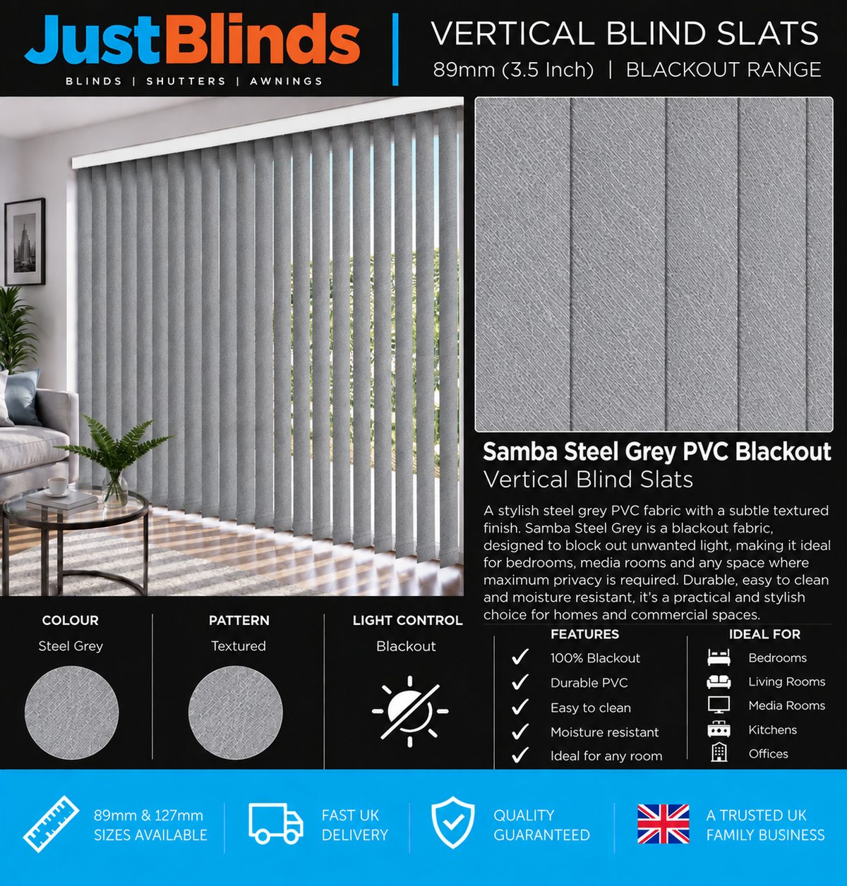 Samba Steel Grey PVC Blackout Vertical Blind Slats 89mm - Senna Version 2