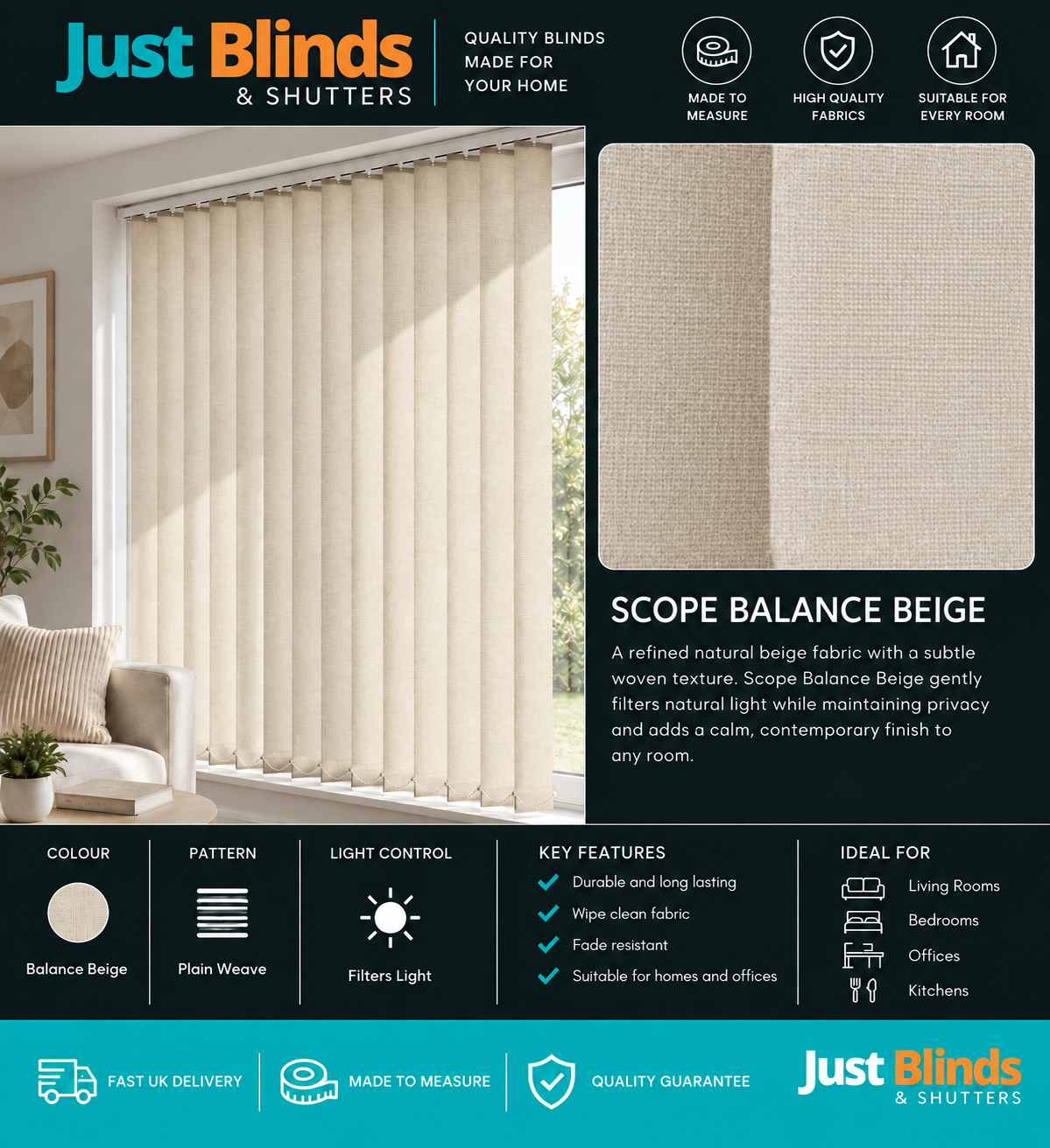 Scope Balance Beige Vertical Blind Slats 89mm