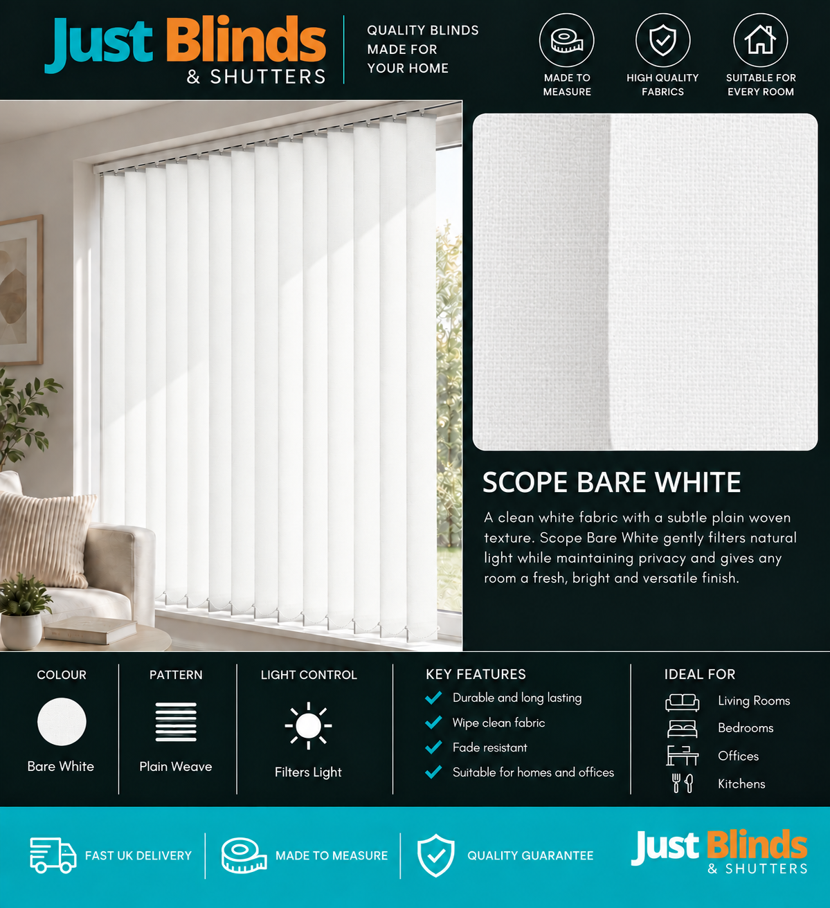 Scope Bare White Vertical Blind Slats 89mm