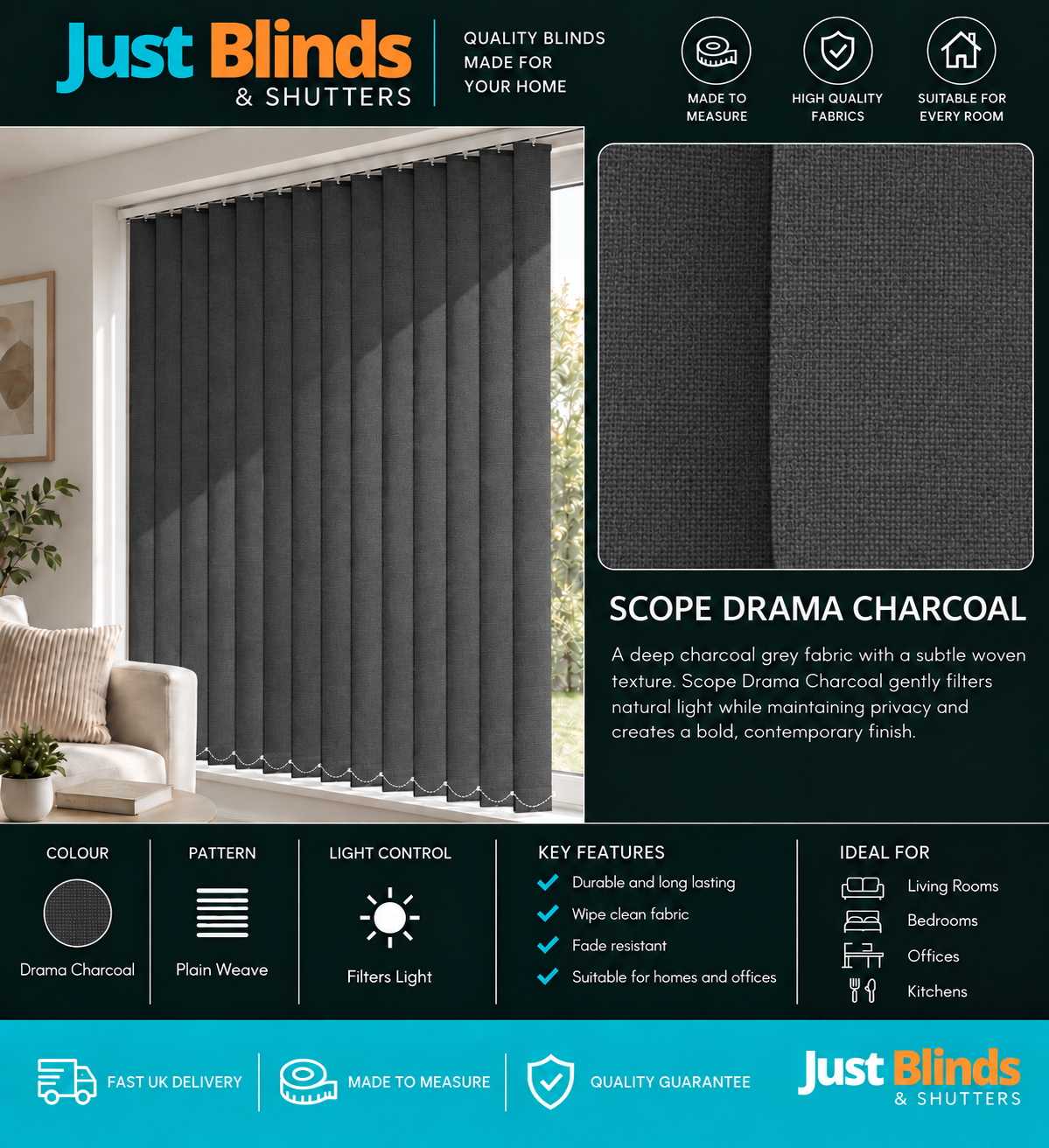 Scope Drama Charcoal Vertical Blind Slats 89mm