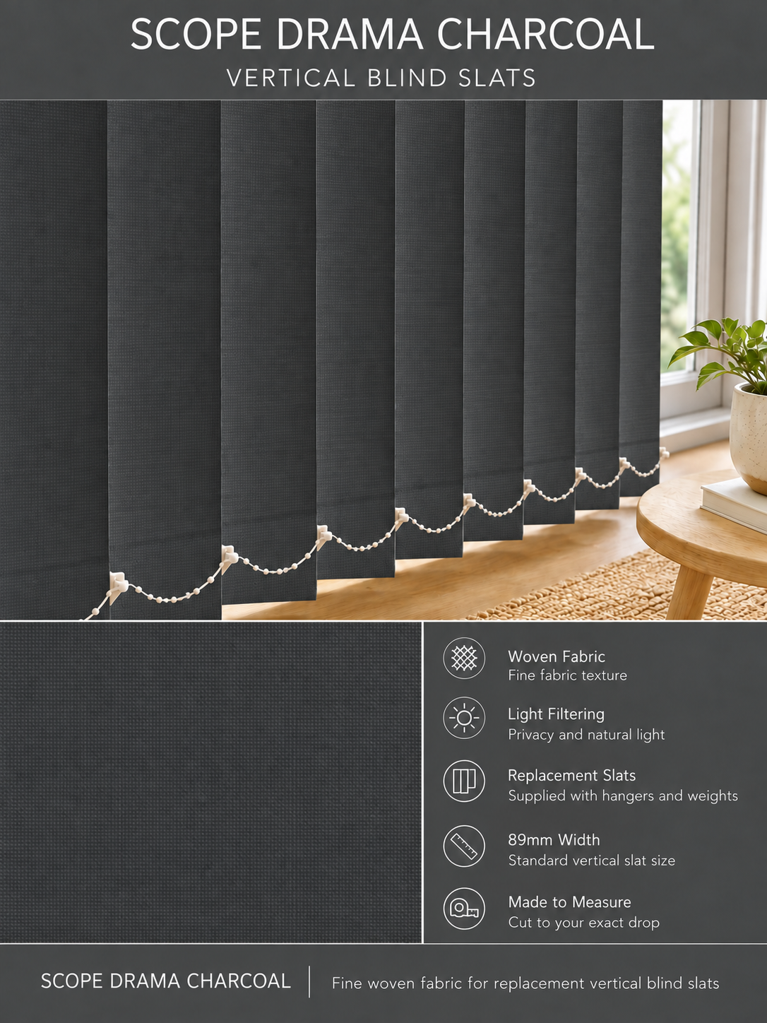 Scope Drama Charcoal vertical blind slats (89mm)