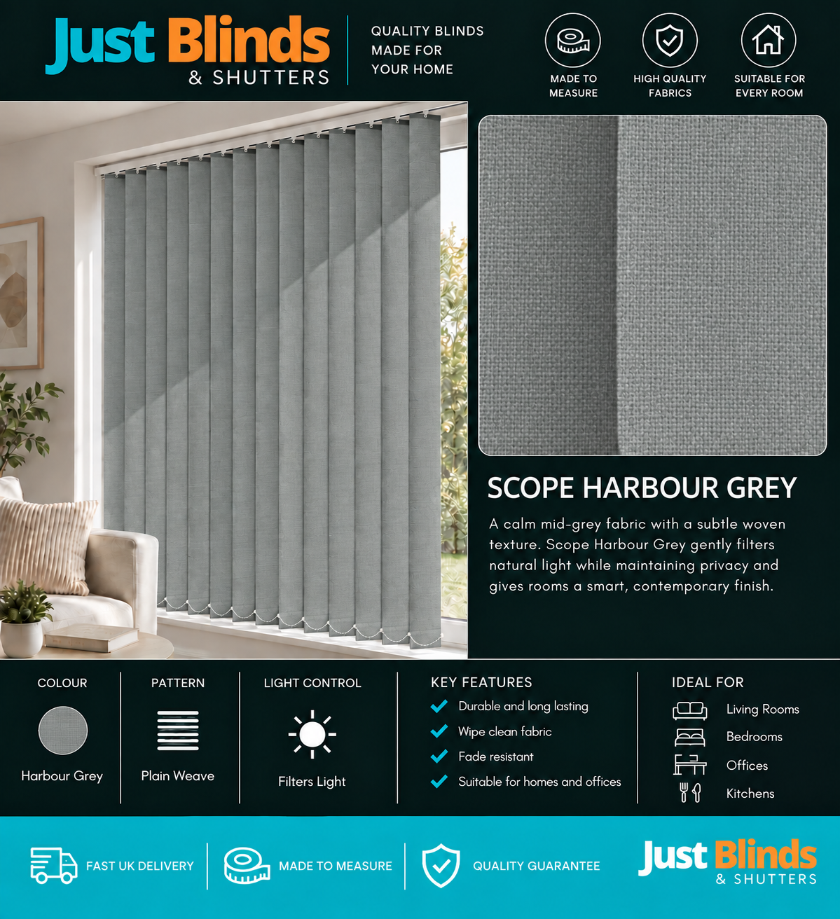 Scope Harbour Grey Vertical Blind Slats 89mm