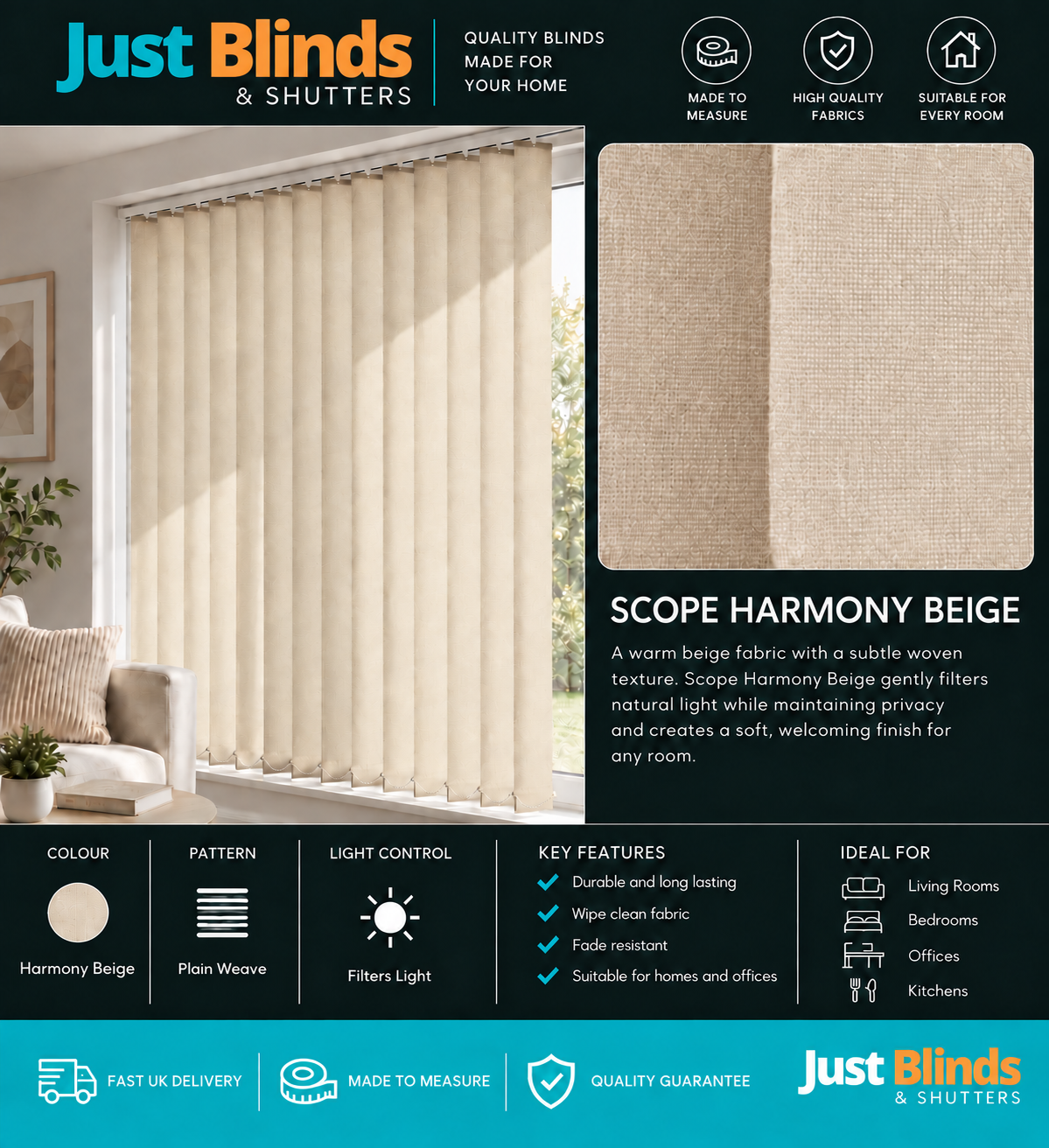 Scope Harmony Beige Vertical Blind Slats 89mm