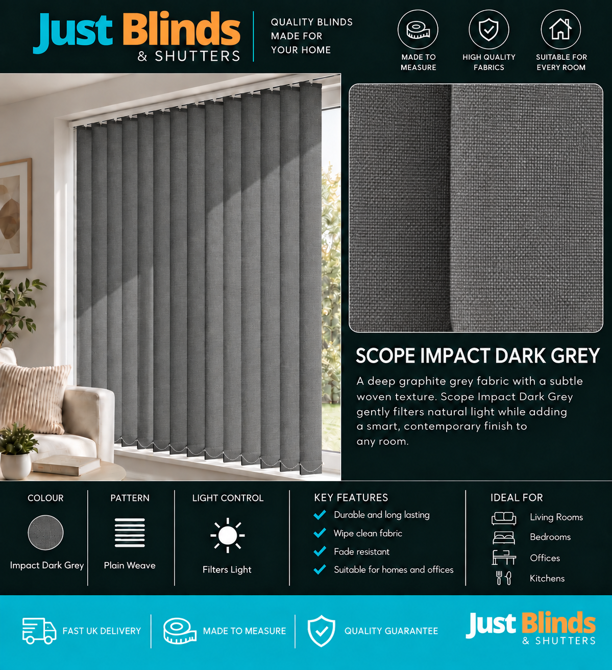 Scope Impact Dark Grey Vertical Blind Slats 89mm