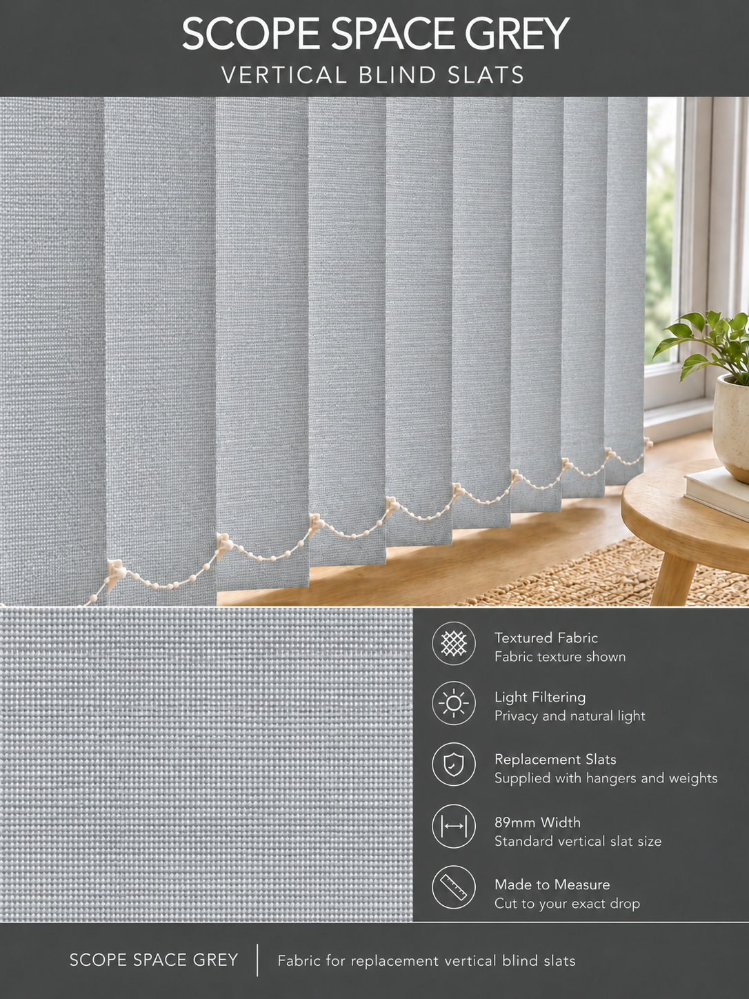 Scope Space Grey vertical blind slats (89mm)