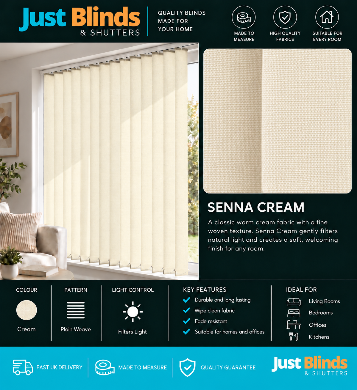 Senna Cream Vertical Blind Slats 89mm