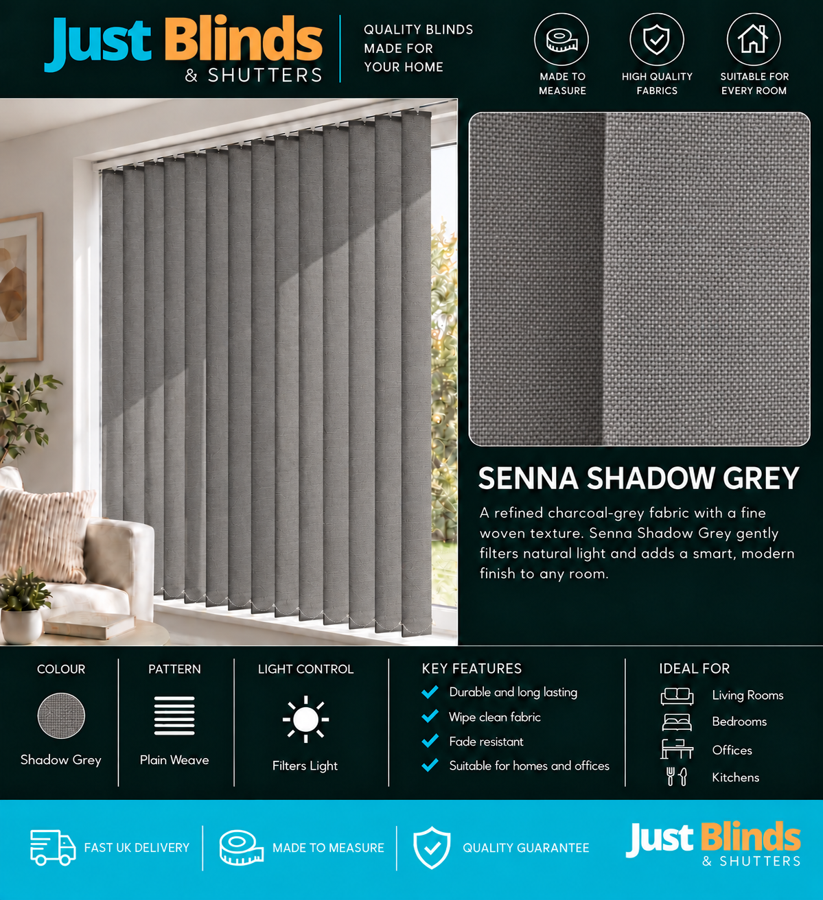 Senna Shadow Grey Vertical Blind Slats 89mm