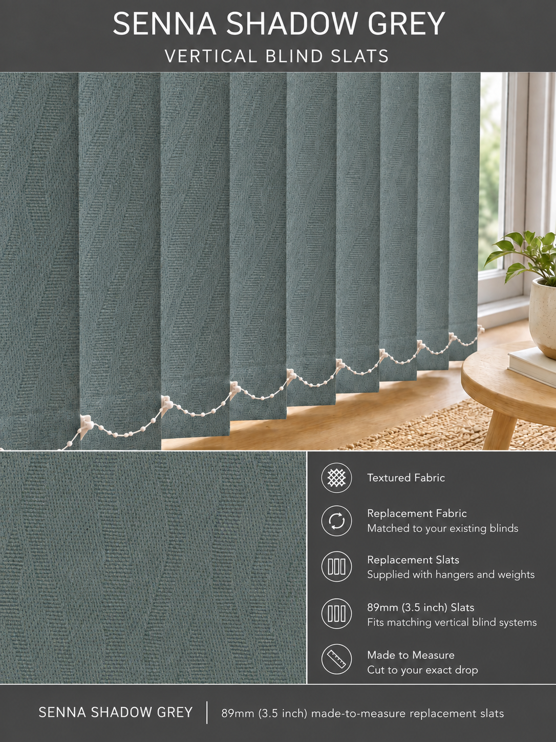 Senna Shadow Grey Vertical Blind Slats (89mm) — Fitz master template