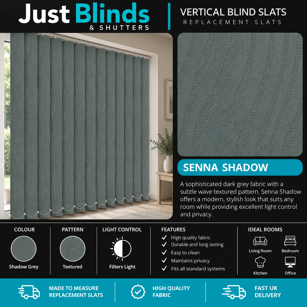 Senna Shadow Grey Vertical Blind Slats 89mm - Senna template