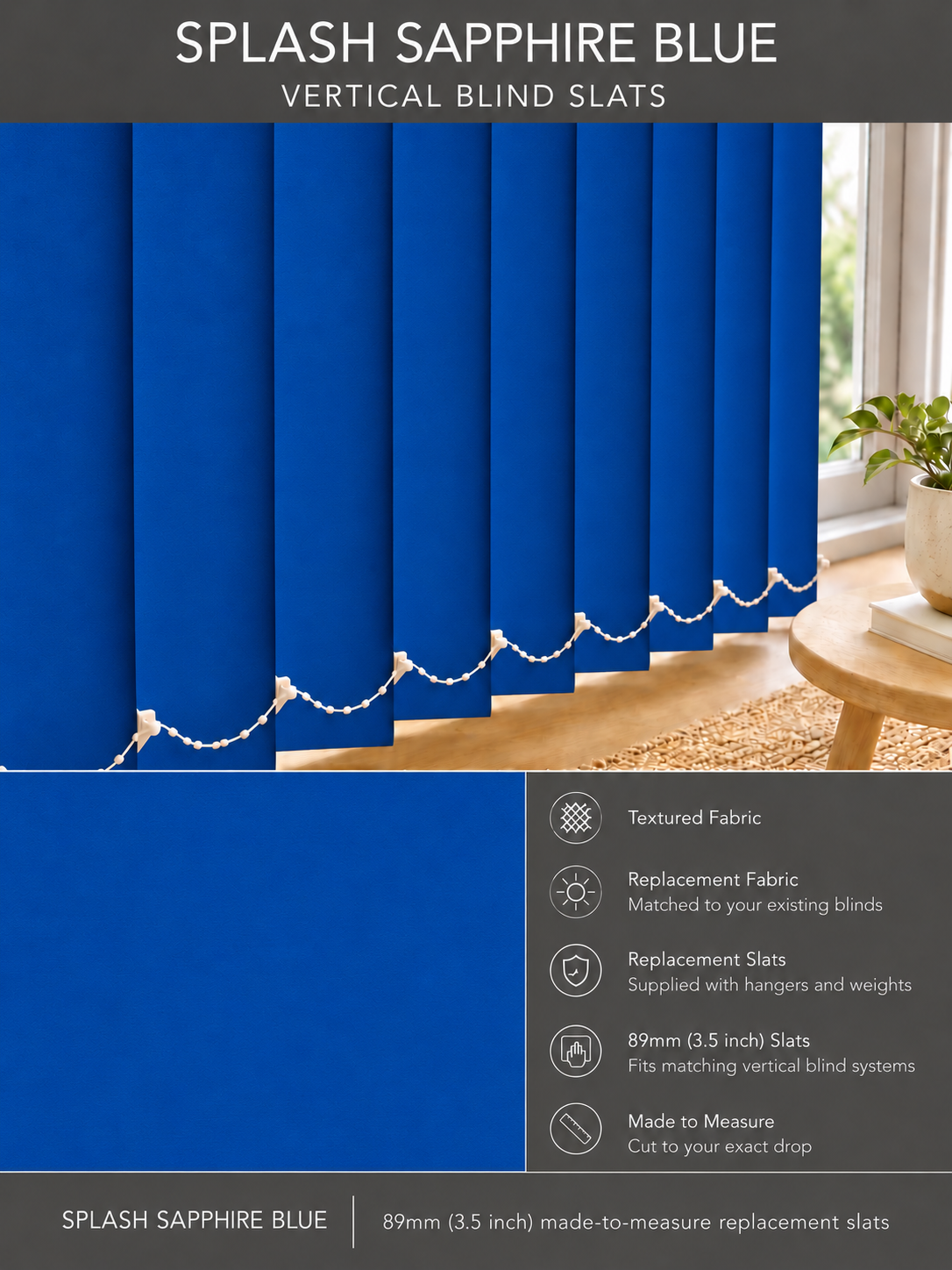 Splash Sapphire Blue Vertical Blind Slats (89mm) — Fitz master template