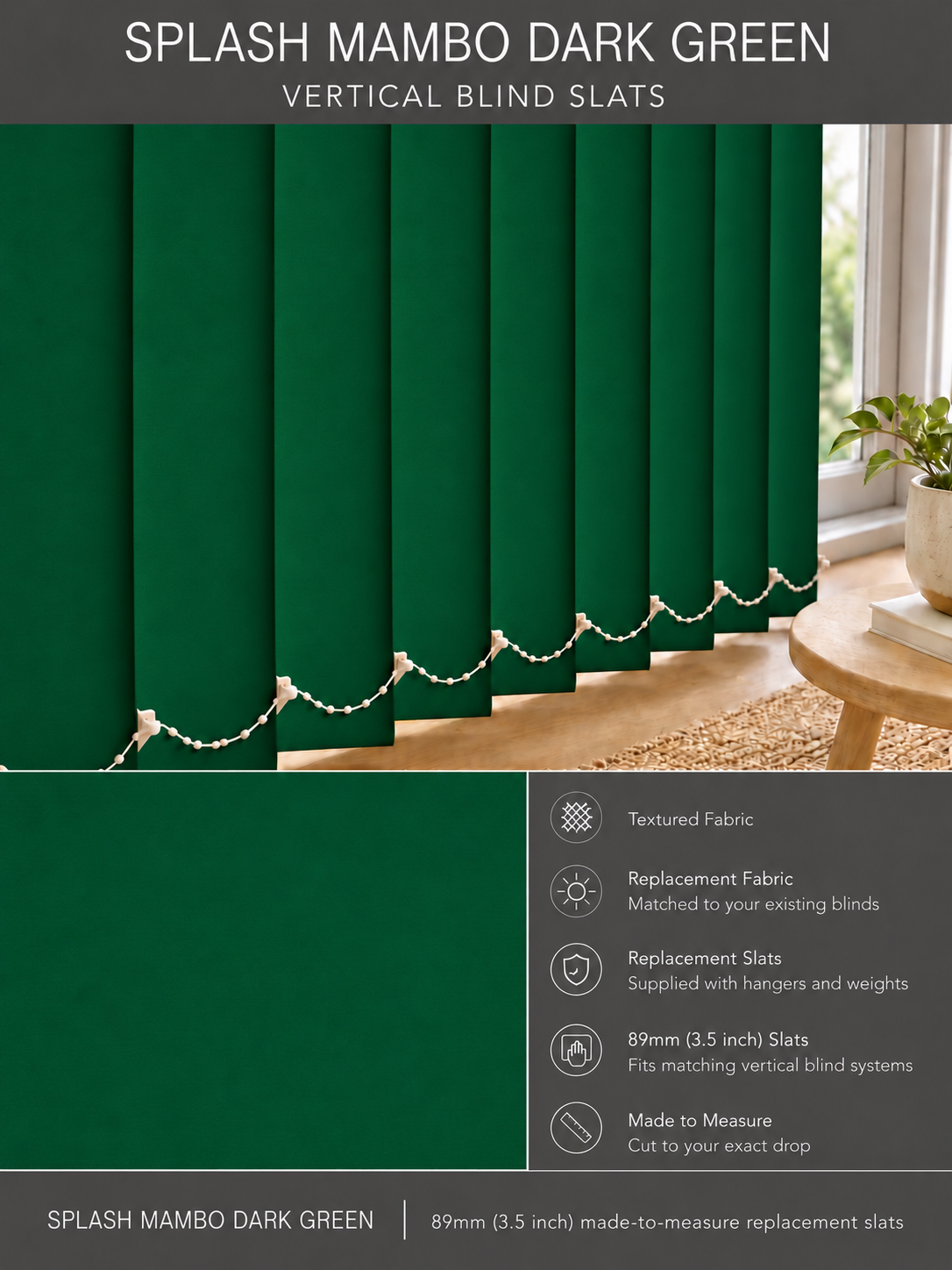 Splash Mambo Dark Green Vertical Blind Slats (89mm) — Fitz master template