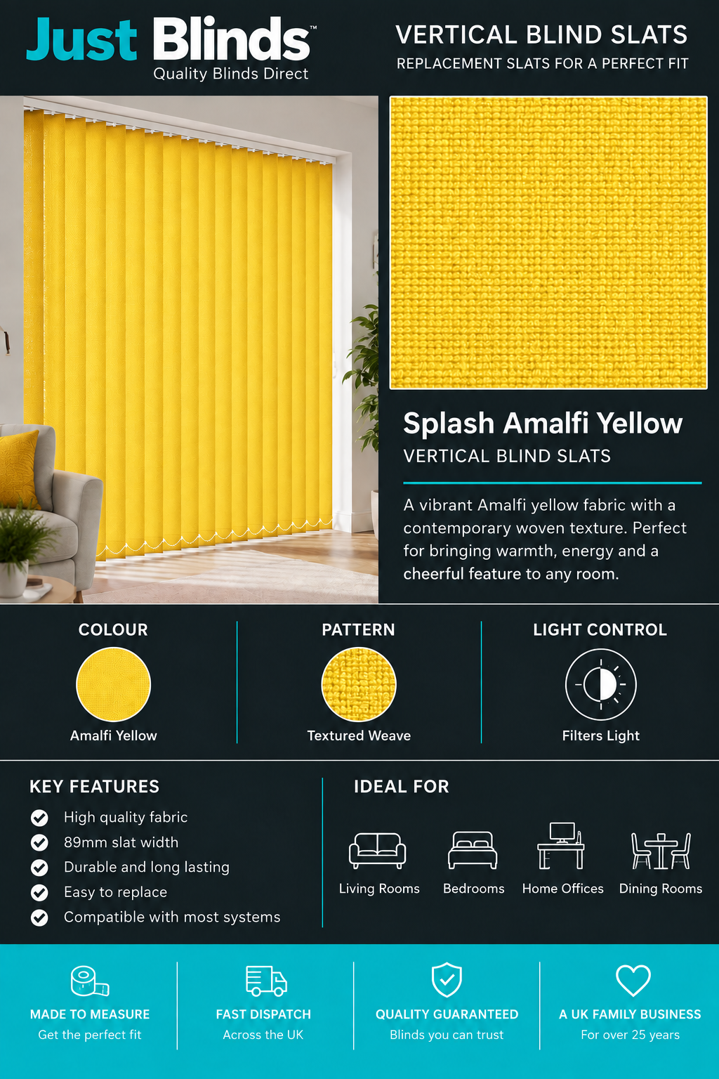 Splash Amalfi Yellow Vertical Blind Slats 89mm
