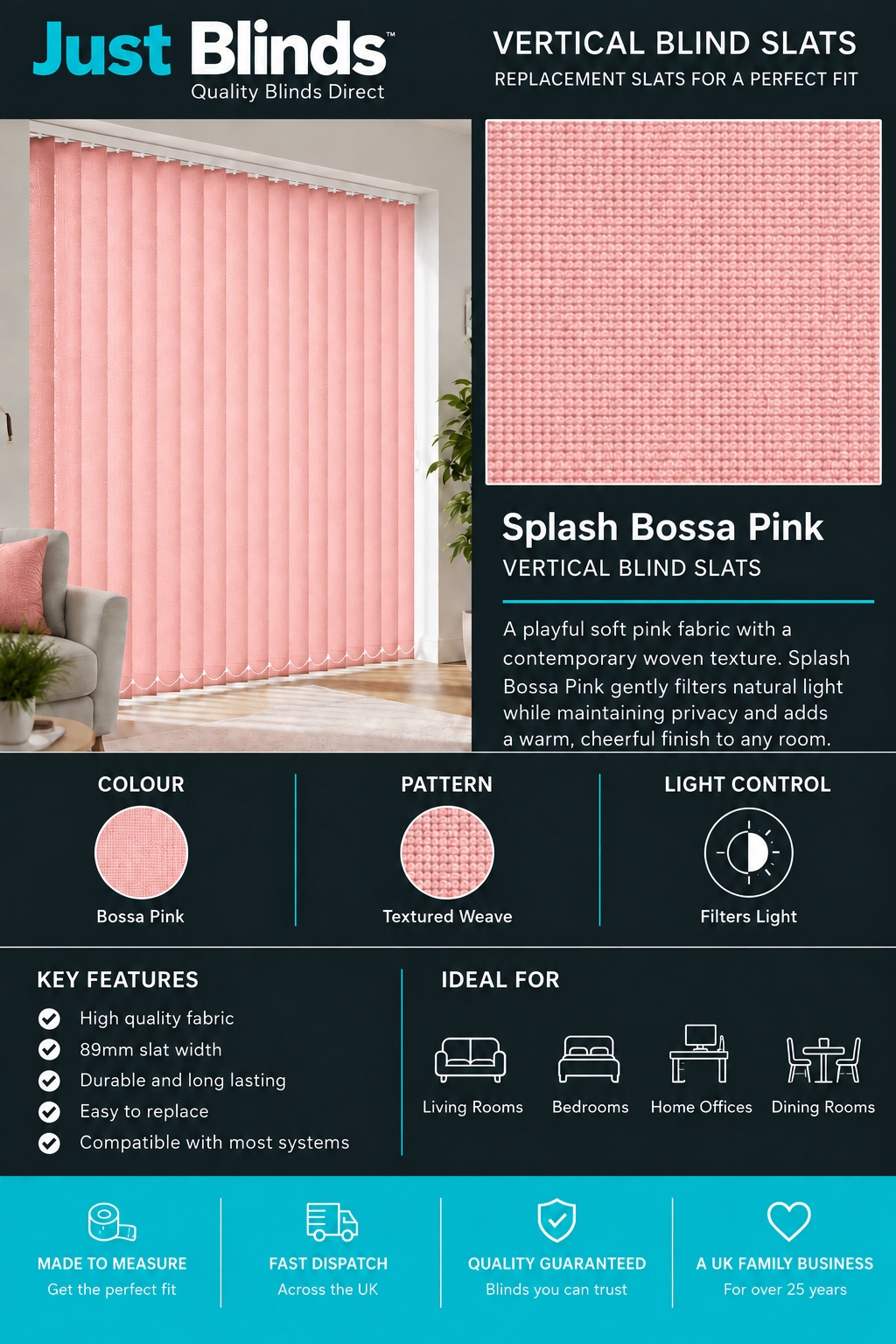 Splash Bossa Pink Vertical Blind Slats 89mm