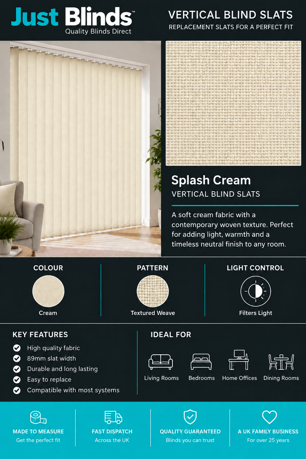 Splash Cream Vertical Blind Slats 89mm
