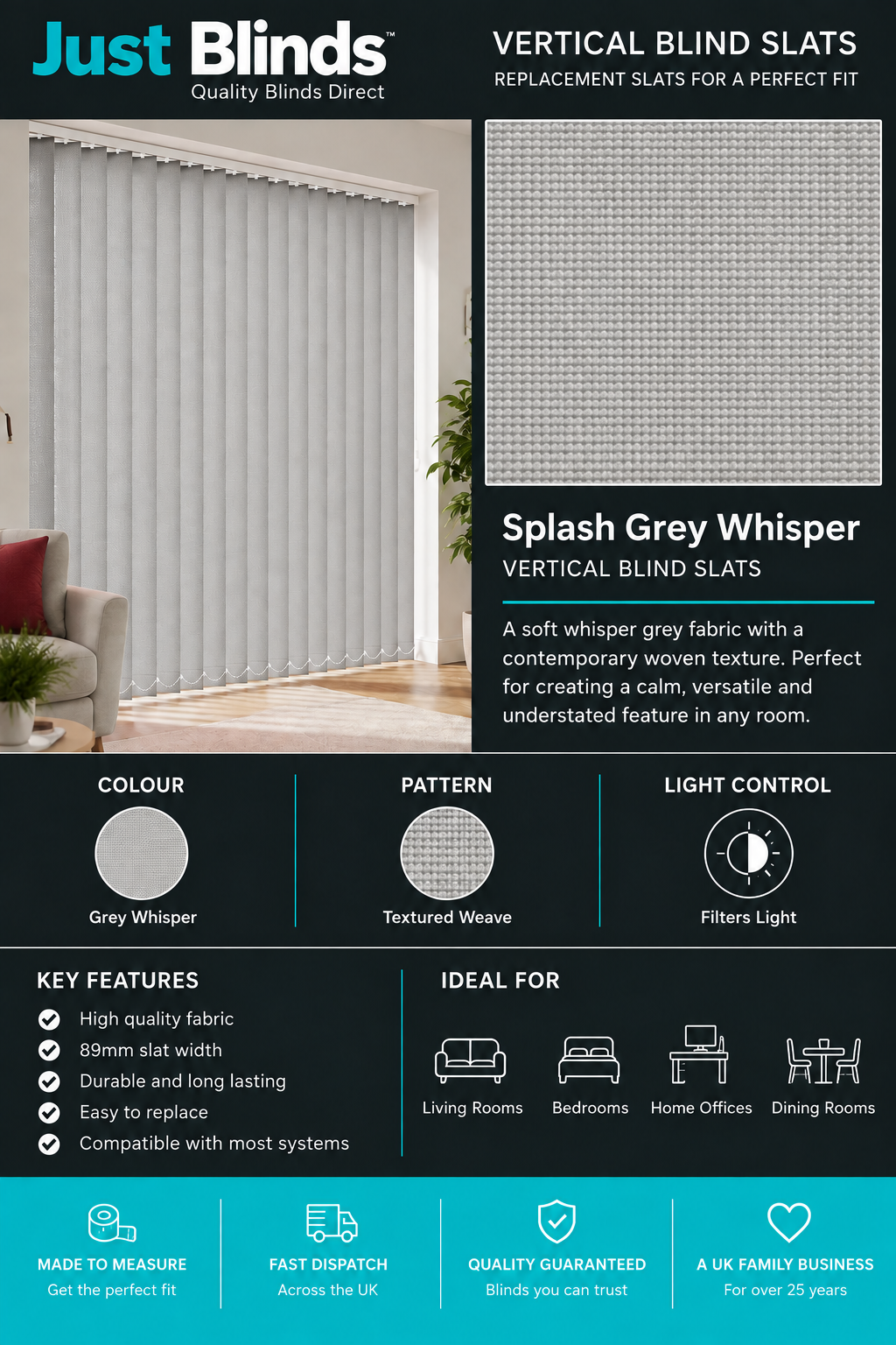 Splash Grey Whisper Vertical Blind Slats 89mm