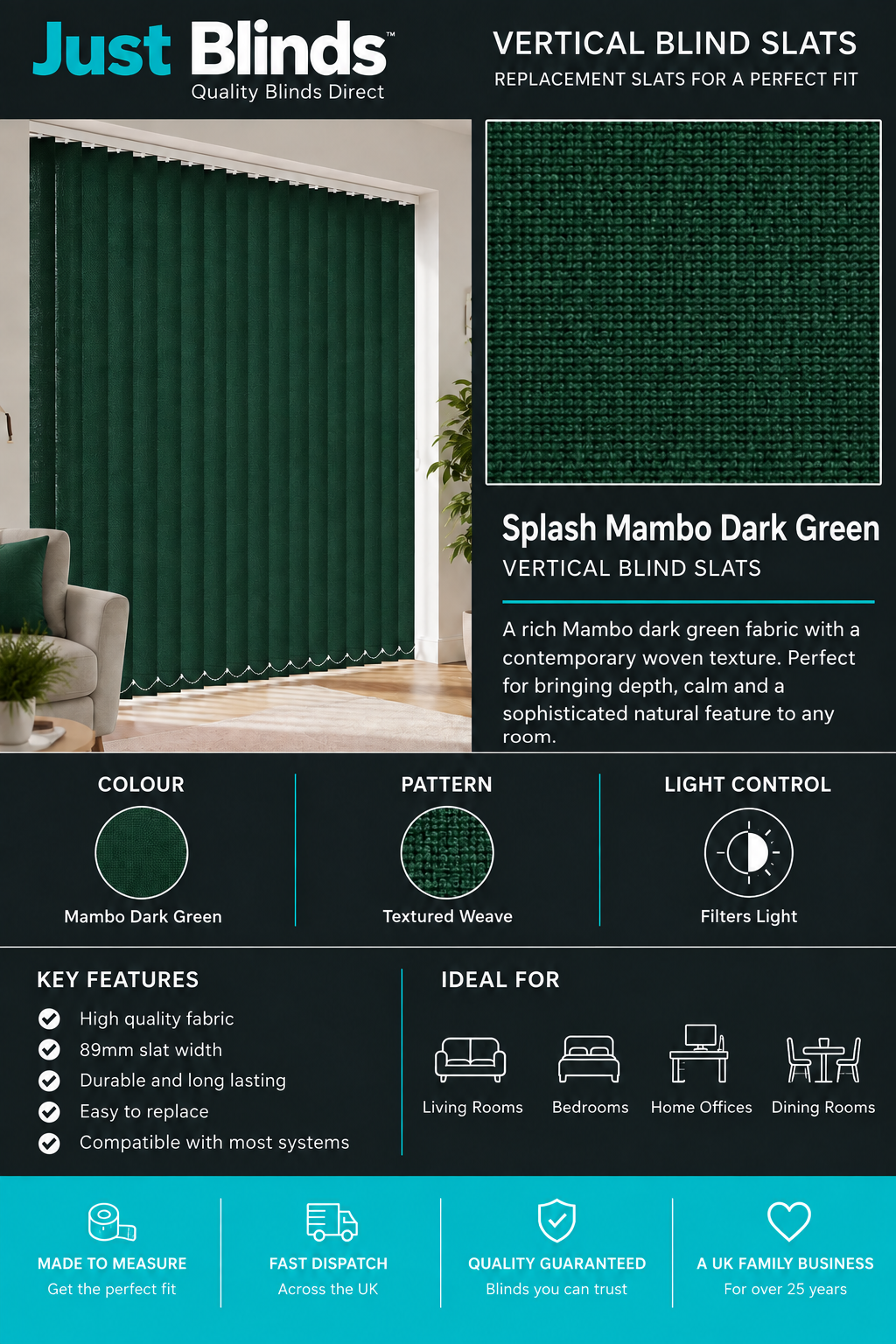 Splash Mambo Dark Green Vertical Blind Slats 89mm