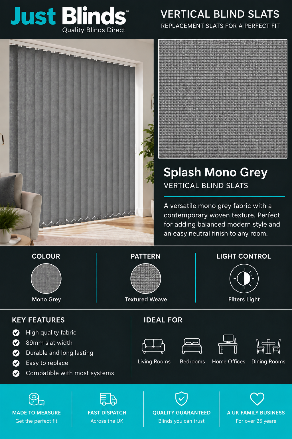 Splash Mono Grey Vertical Blind Slats 89mm