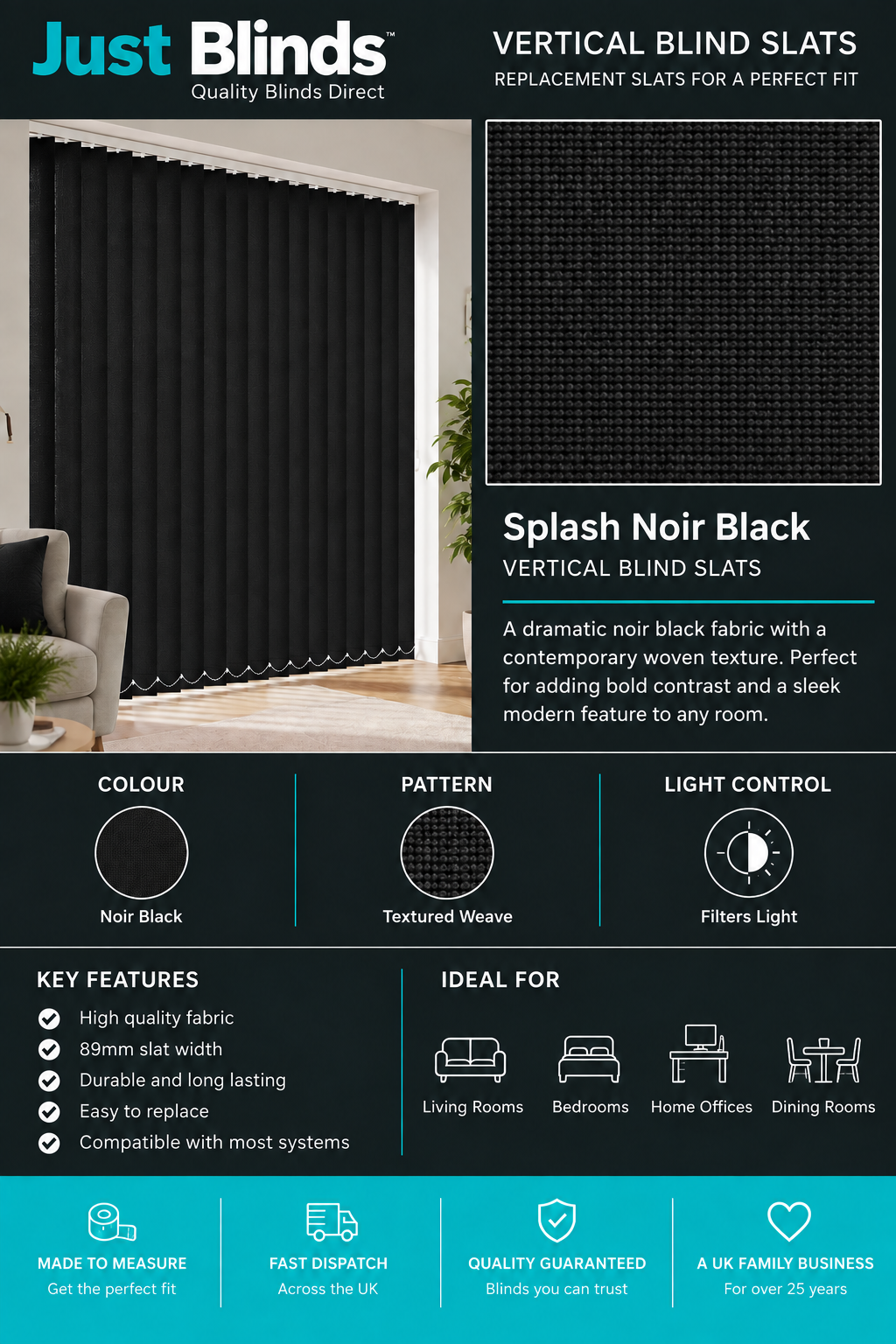 Splash Noir Black Vertical Blind Slats 89mm