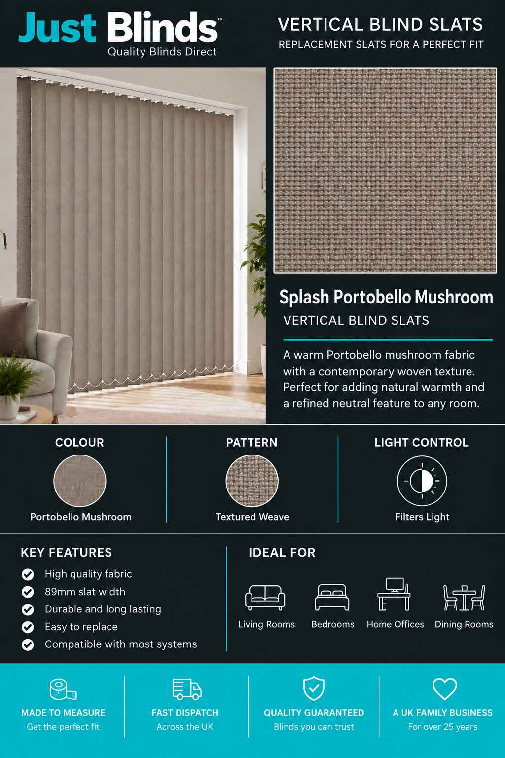 Splash Portobello Mushroom Vertical Blind Slats 89mm