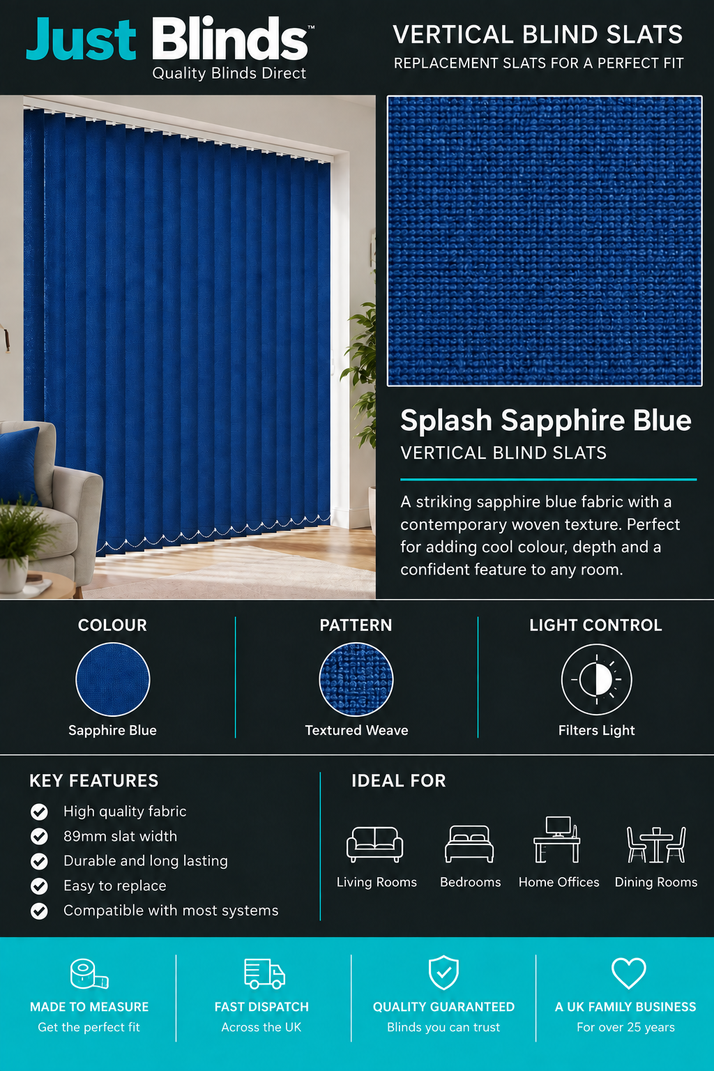 Splash Sapphire Blue Vertical Blind Slats 89mm